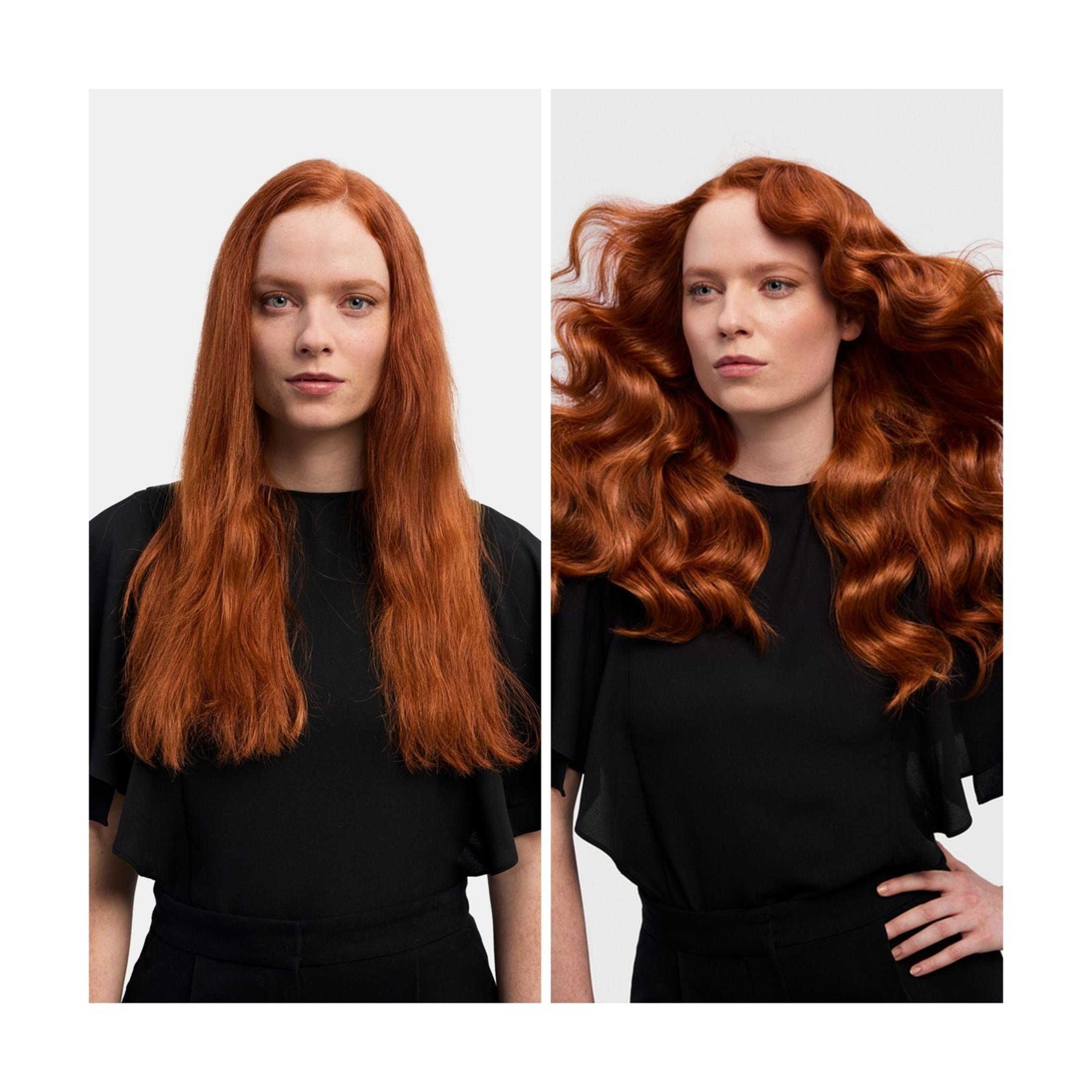 Donna con capelli rossi: a sinistra dritti, a destra mossi voluminosi.