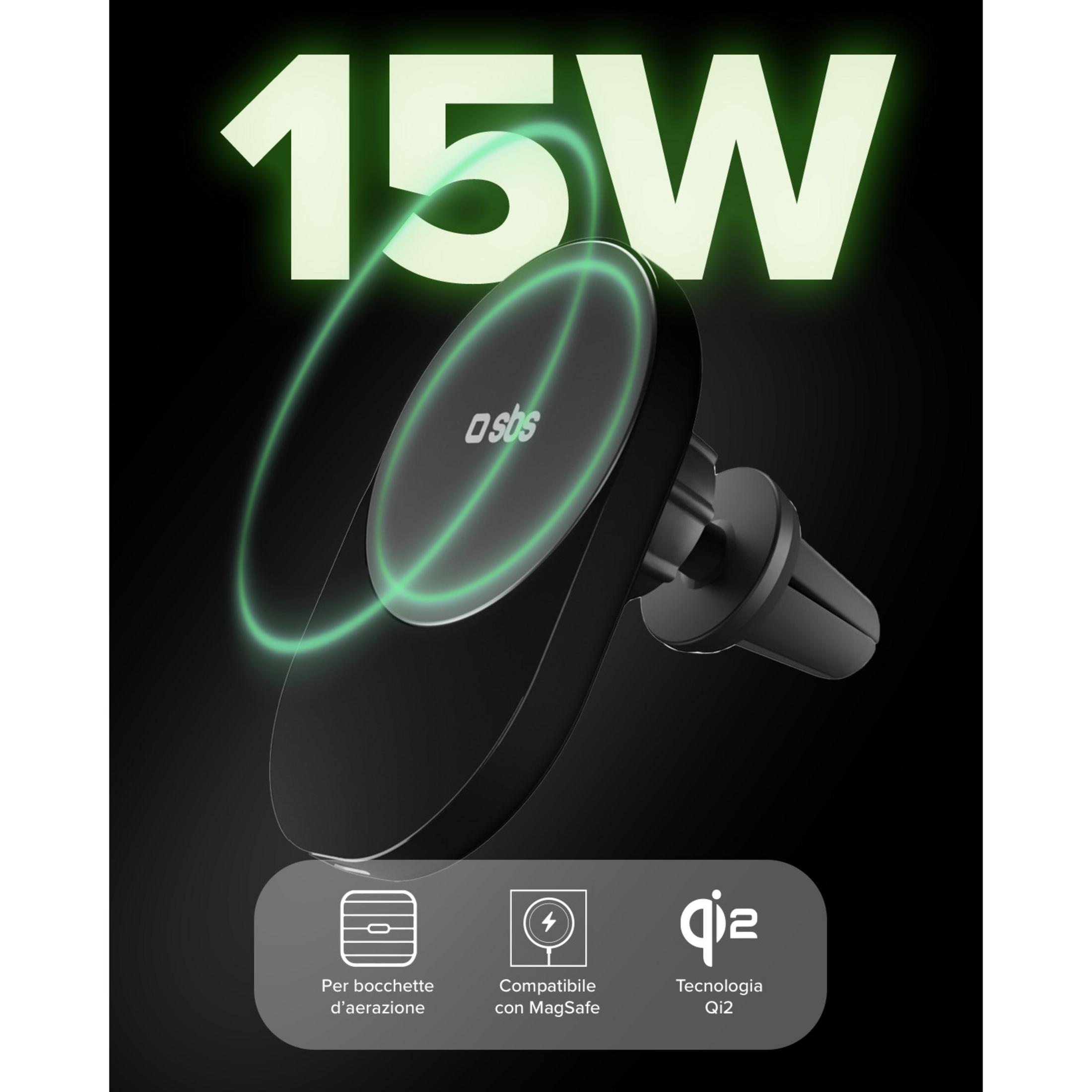 Schwarzer kabelloser 15W Qi2-Autoladegerät-Halterung mit SBS-Logo.
