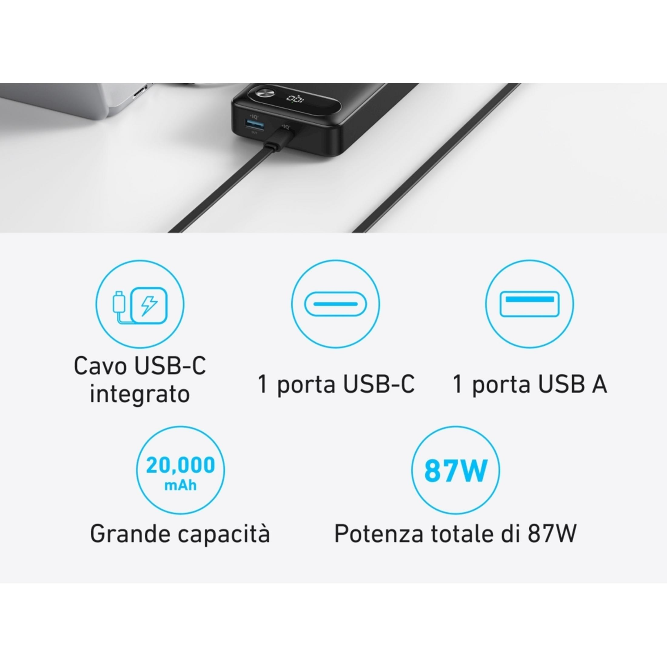 Czarny power bank 20 000 mAh, 87W z wbudowanym kablem USB-C.