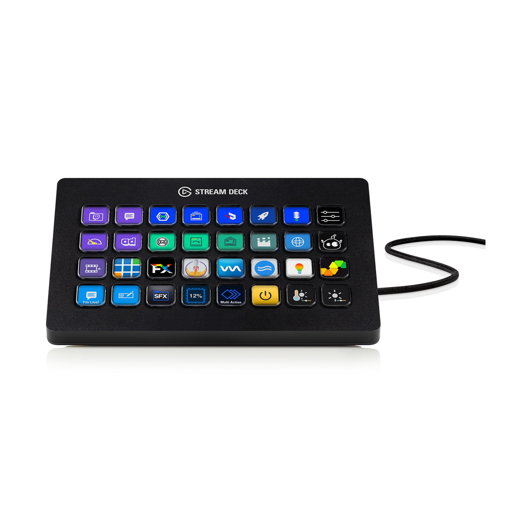 Ein schwarzes Stream Deck mit vielen bunten Symbolen auf weißen Hintergrund.