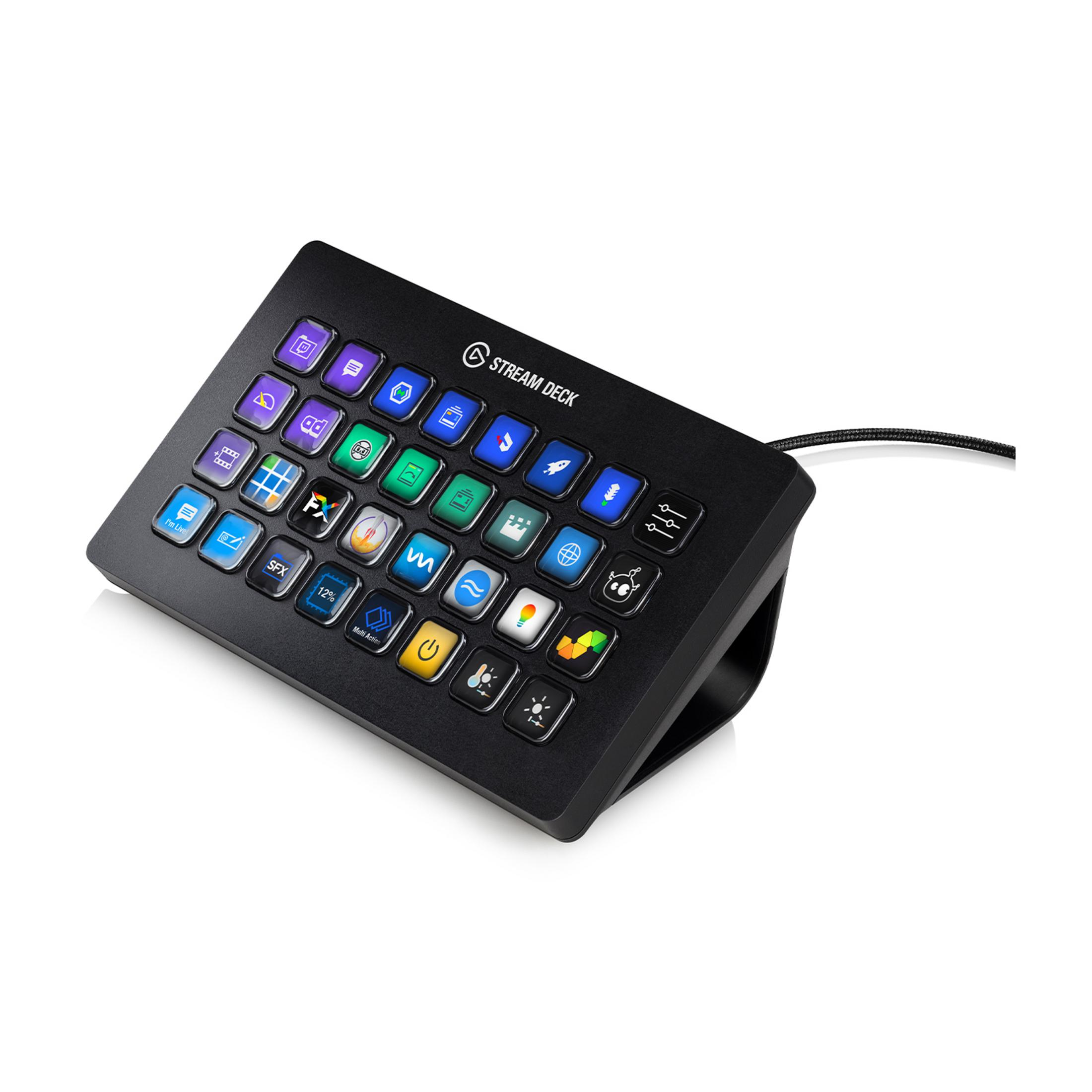 Czarne urządzenie Stream Deck z wieloma kolorowymi przyciskami.