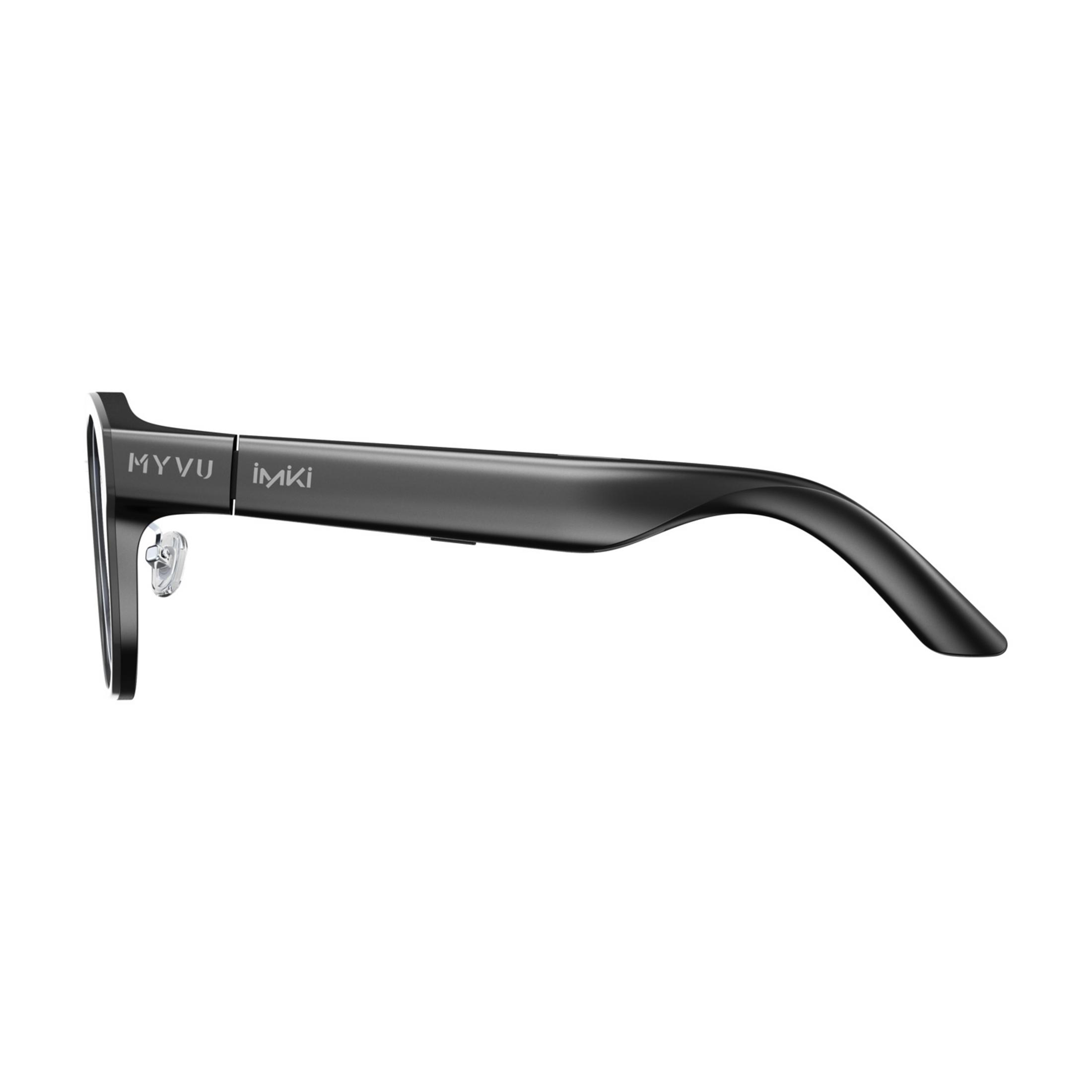 Schwarze Brille mit MYVU und iMiKi Logo, Nahaufnahme.