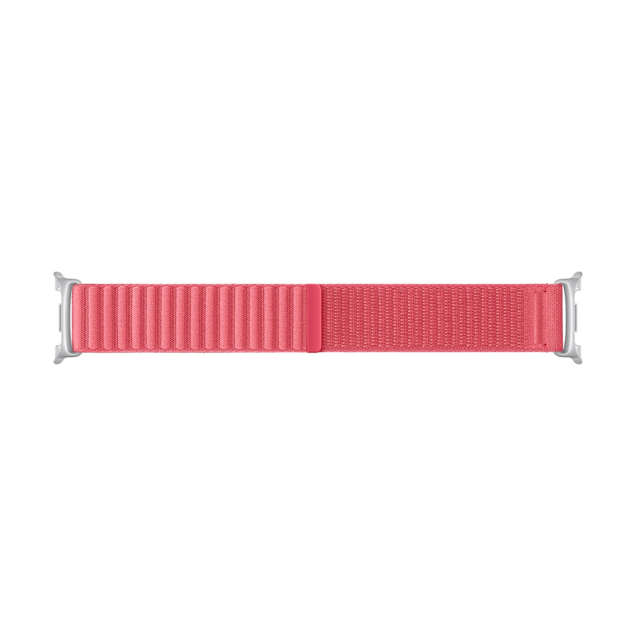 A red watch band with silver connectors, designed for smartwatches.