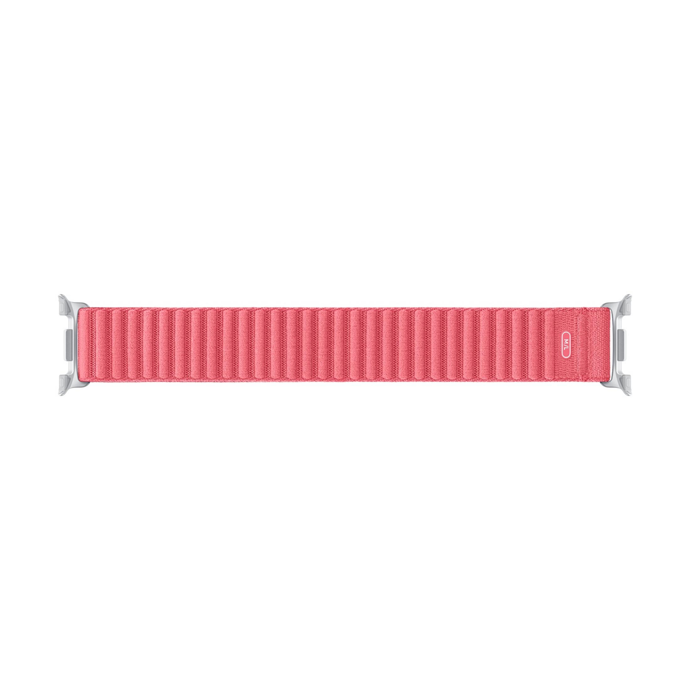 A pink braided loop watch band with silver connectors. M/L size.