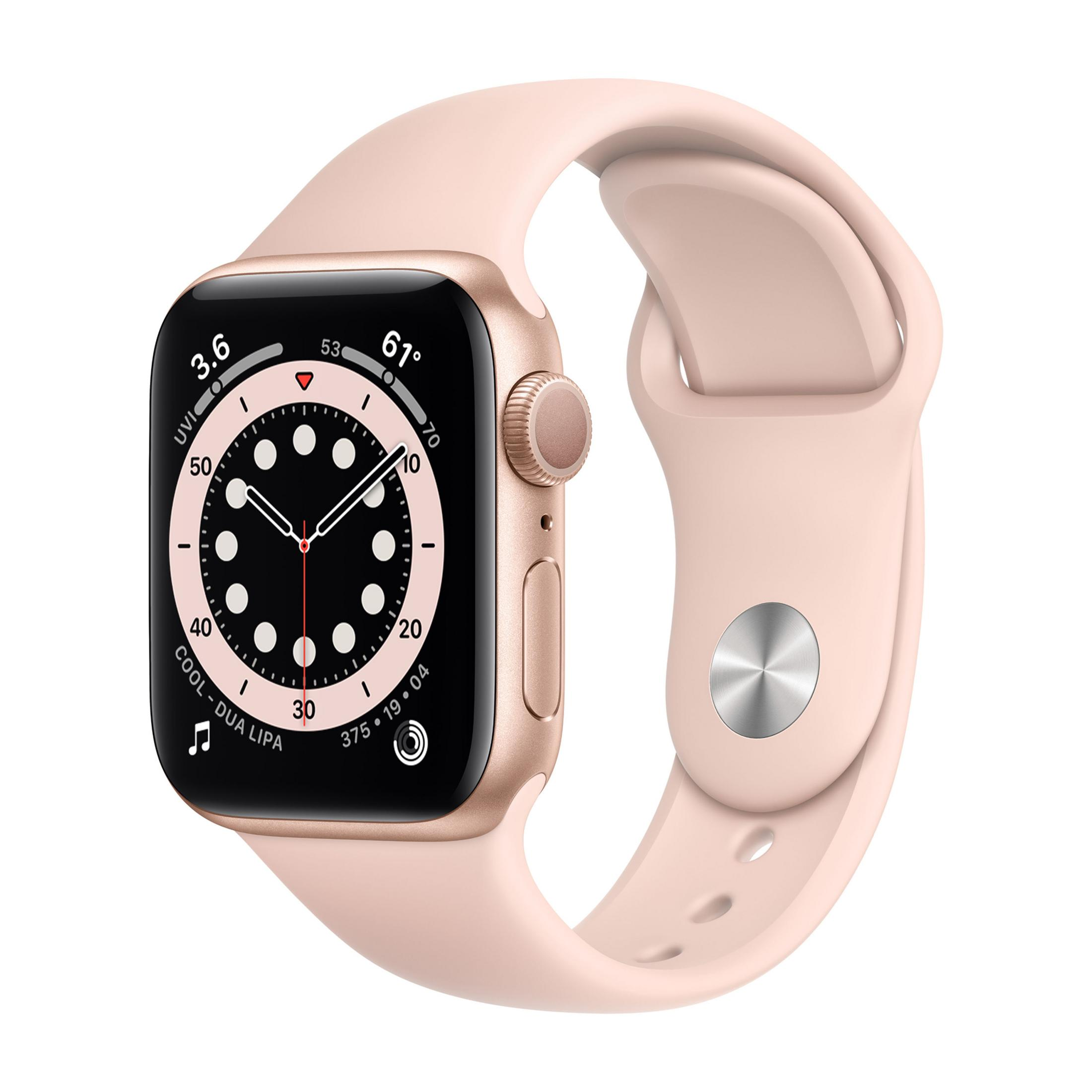 Un Apple Watch dorado con correa rosa muestra la hora y métricas de salud.
