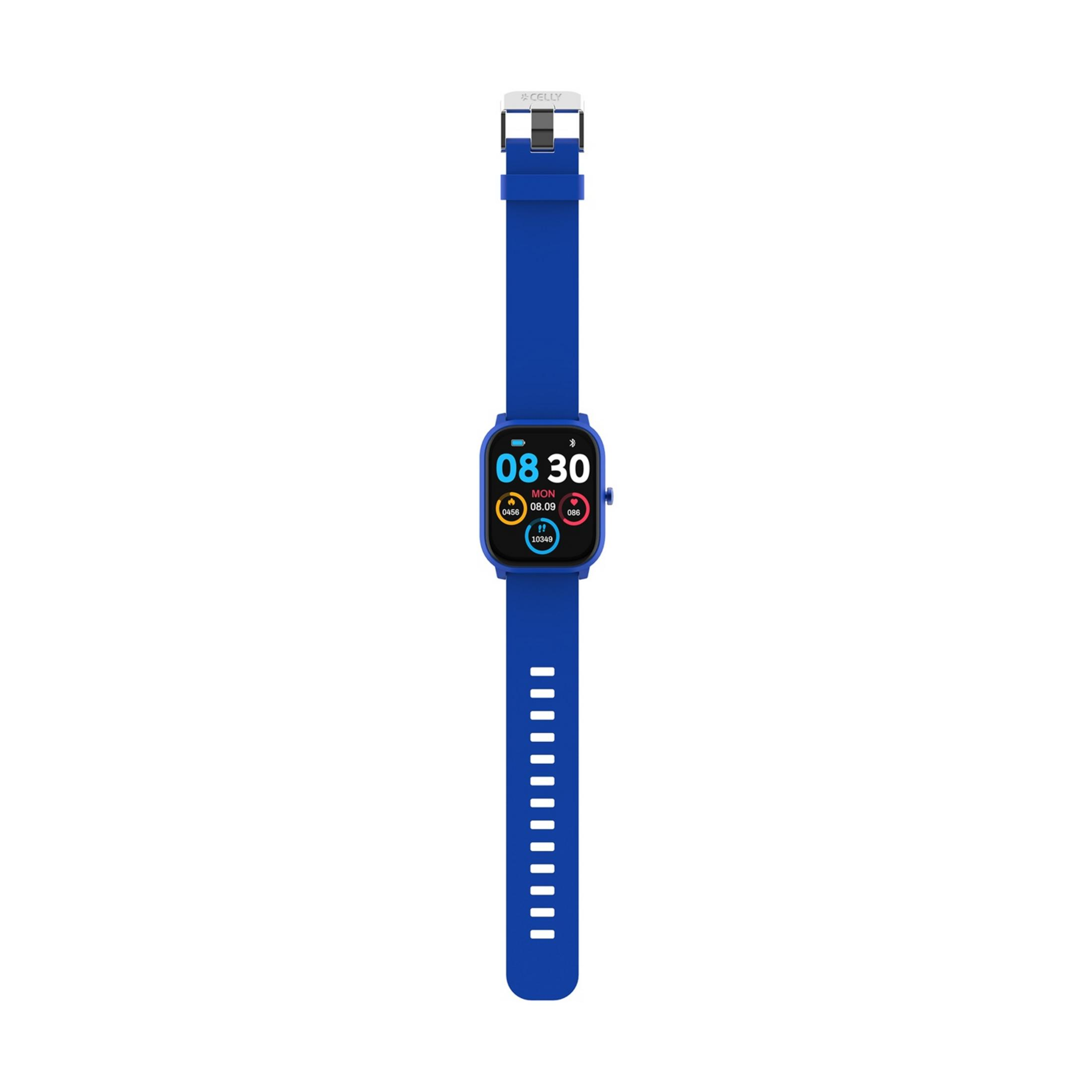 Uno smartwatch blu con display digitale che mostra ora e data.