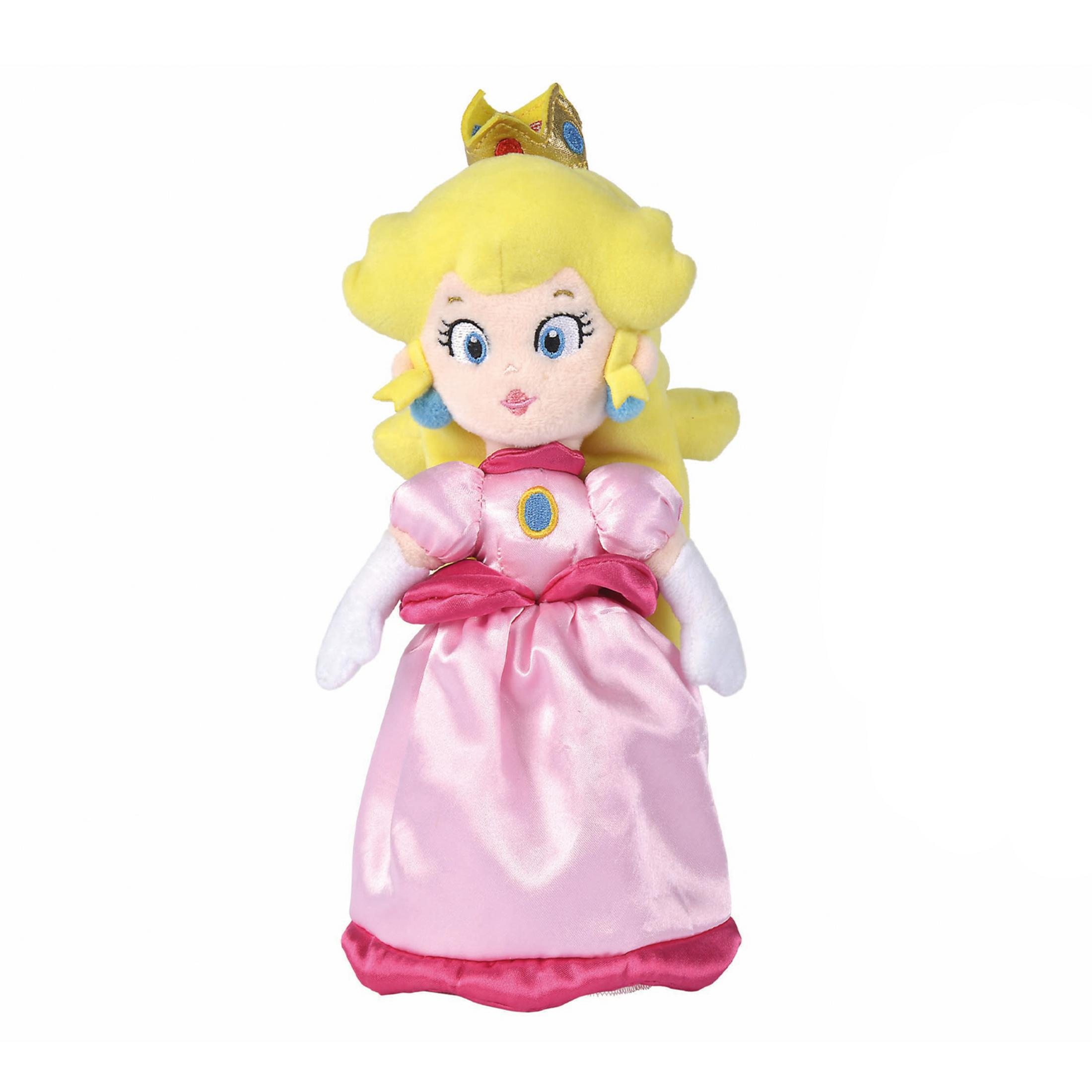 Un peluche della Principessa Peach con capelli biondi, vestito rosa e corona dorata.
