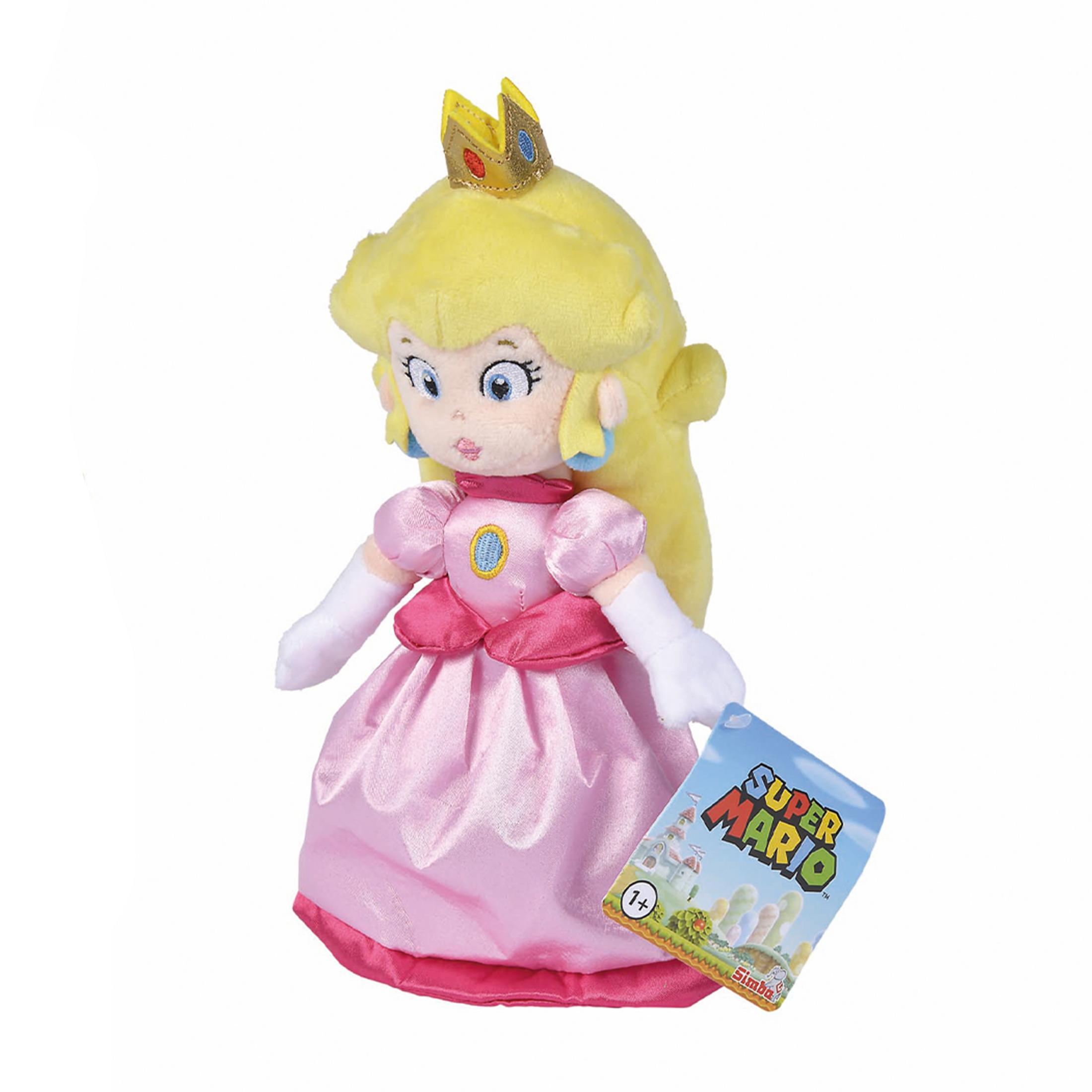 Peluche Principessa Peach da Super Mario con corona e vestito rosa.
