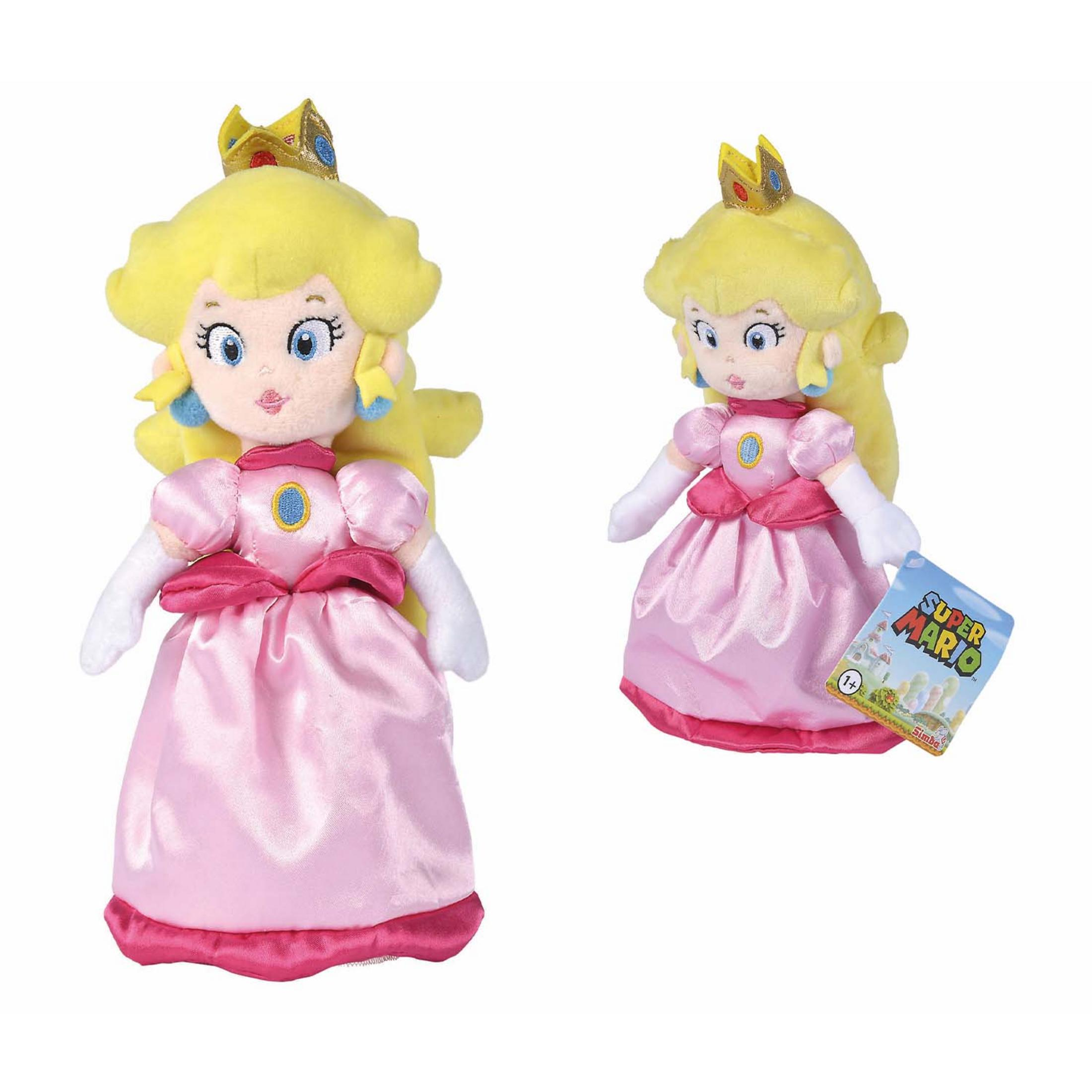 Due peluche di Principessa Peach con abiti rosa e corone su sfondo bianco.