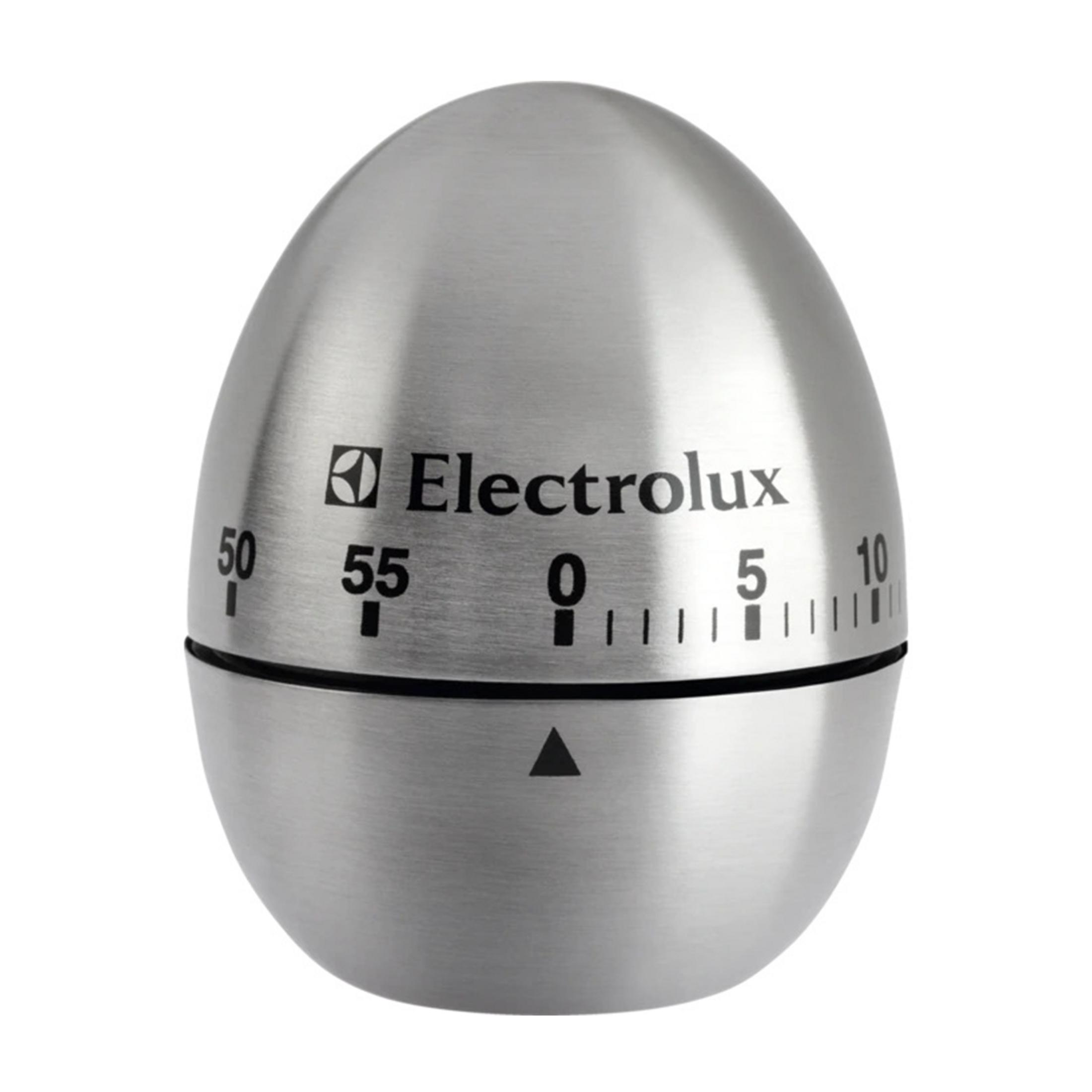 Un timer da cucina argentato a forma di uovo con logo Electrolux.