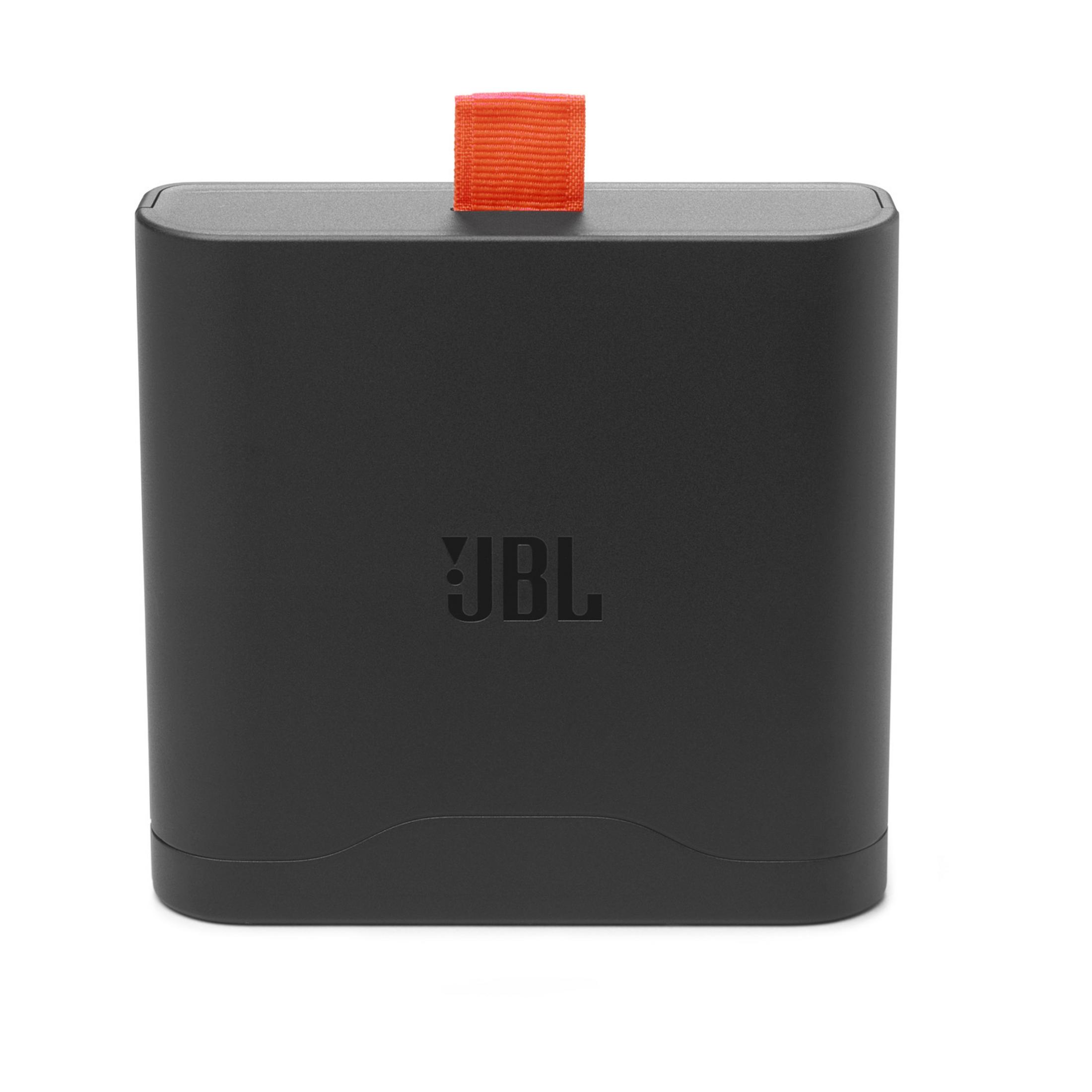 Altoparlante JBL nero con cinghia di trasporto arancione in cima.
