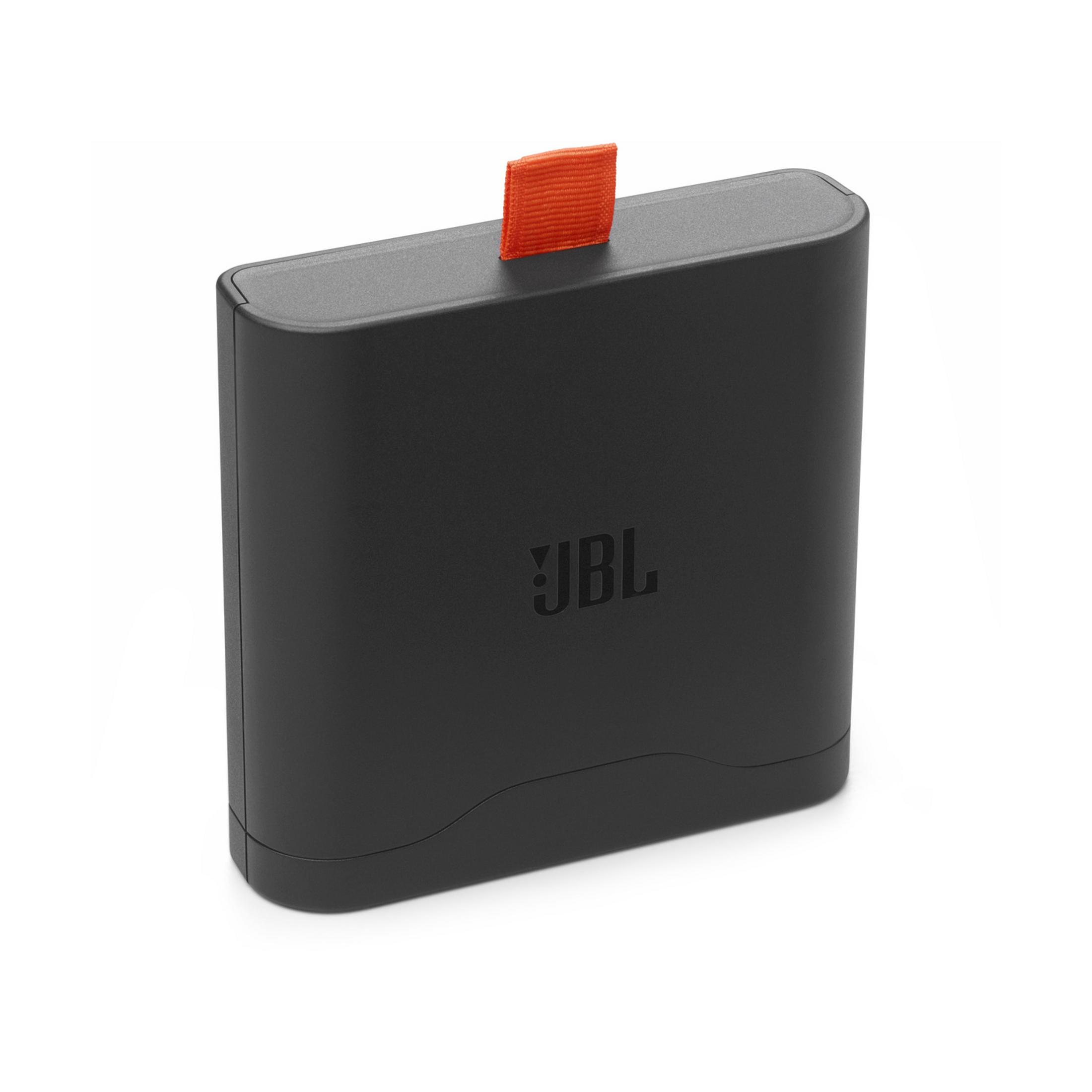Dispositivo JBL nero con linguetta in tessuto arancione.