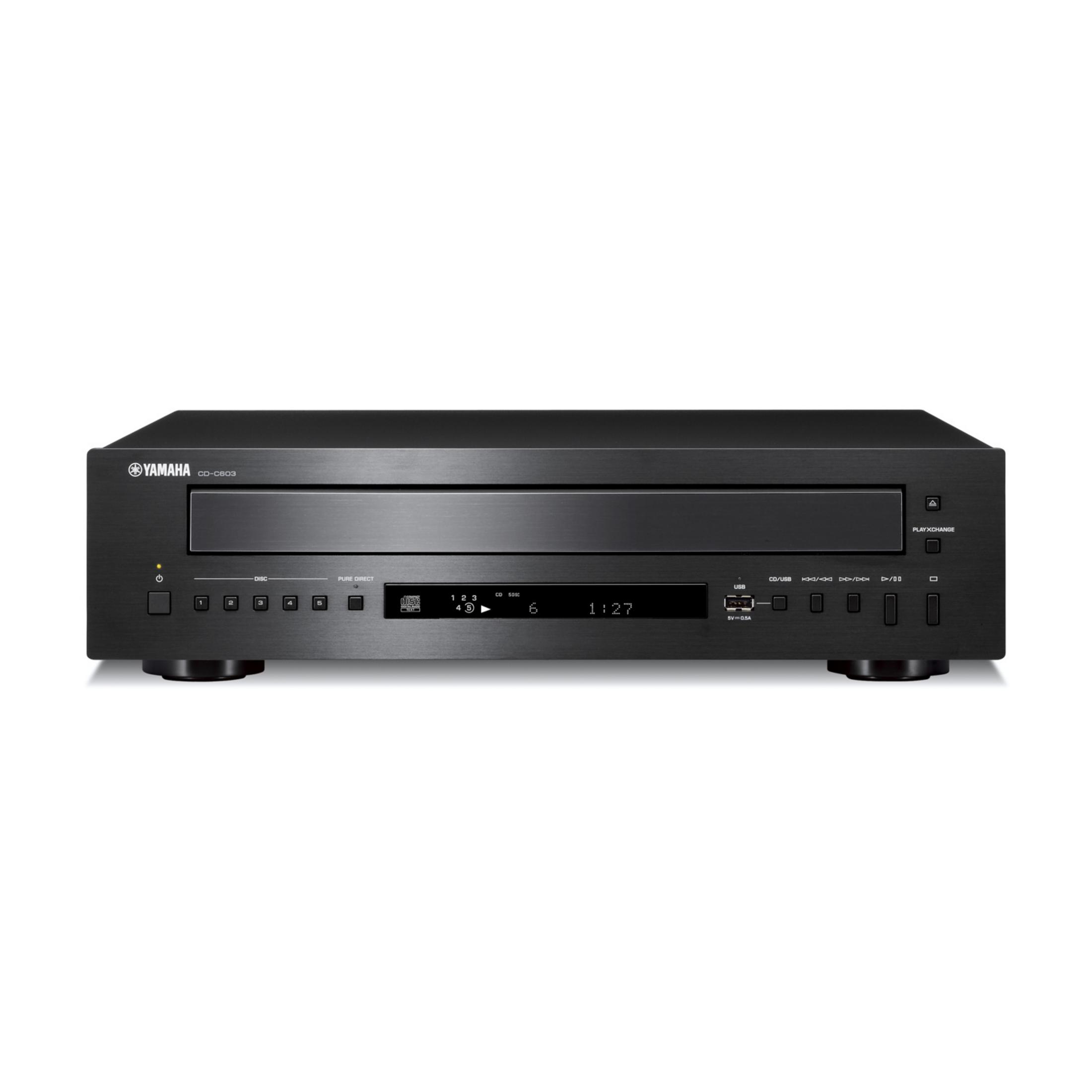 Lettore CD Yamaha nero con display e pulsanti argentati.