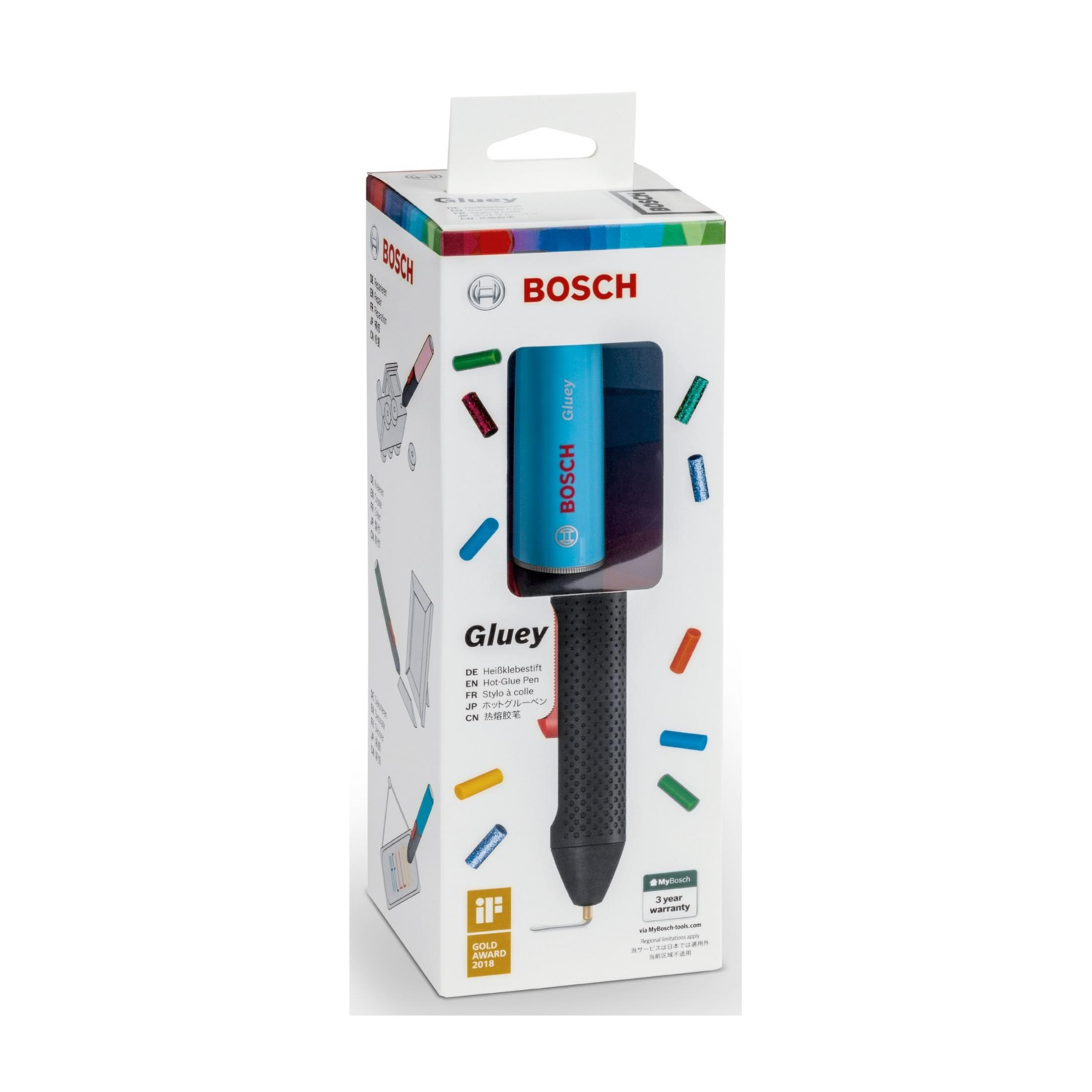 Verpackung eines Bosch Gluey Heißklebestifts mit Zubehör.