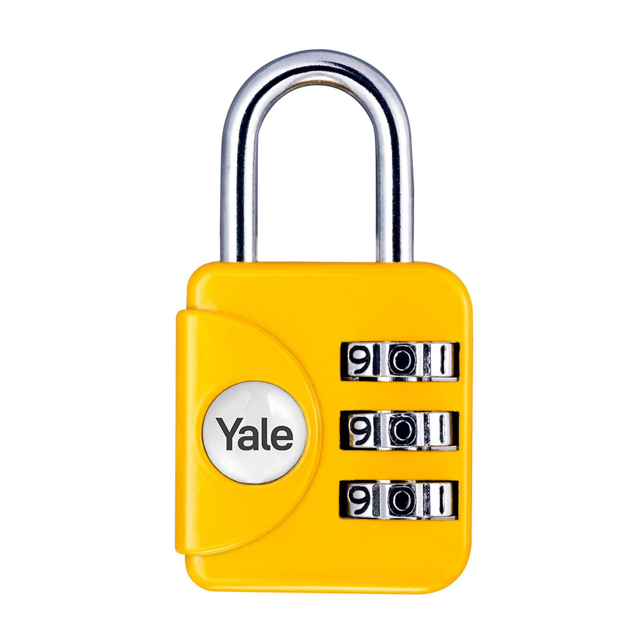 Un lucchetto Yale giallo con arco argentato e quadranti a combinazione.