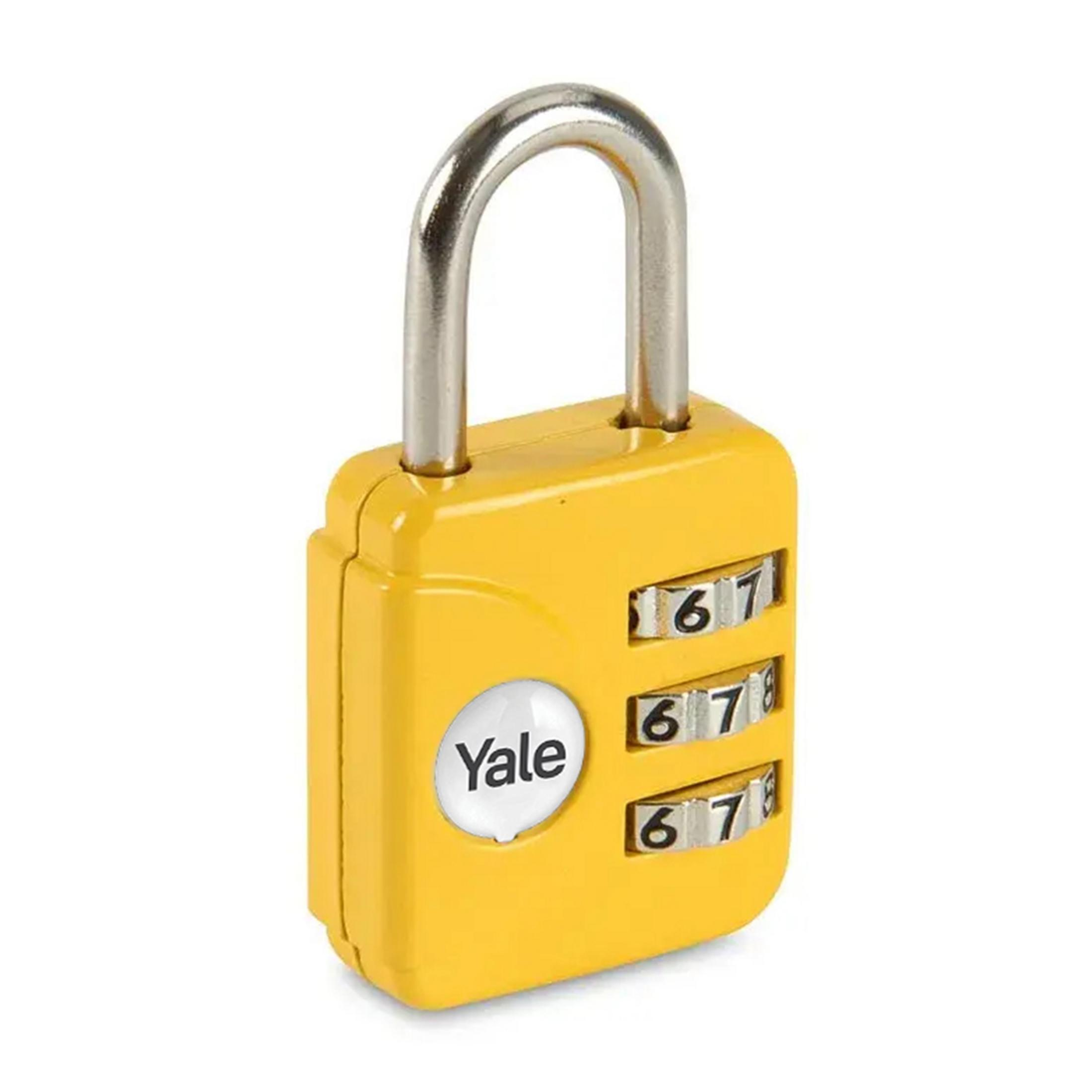 Un lucchetto giallo a combinazione con quadranti numerici e logo Yale.