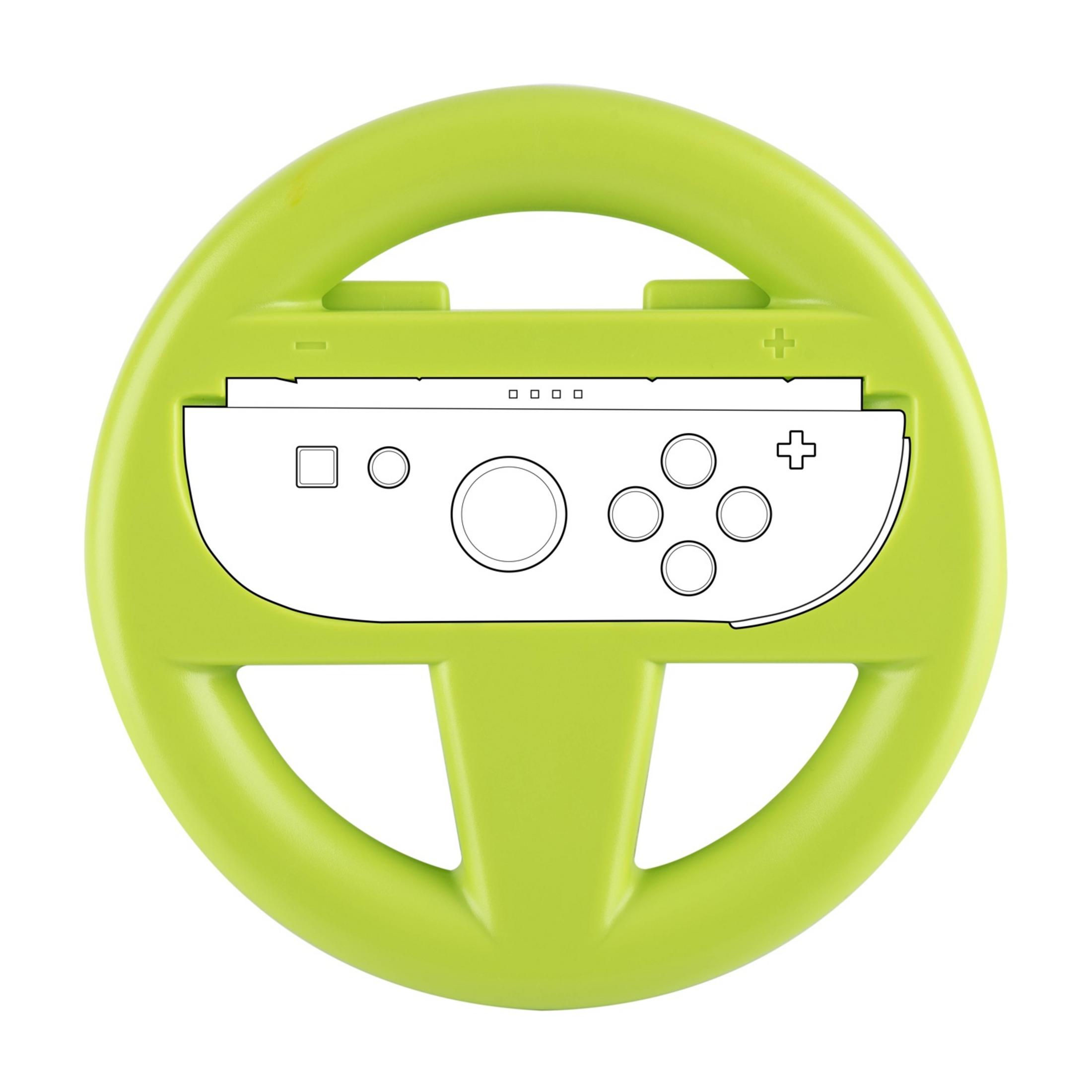 Un accessorio volante verde brillante per videogiochi, con interfaccia controller stilizzata.