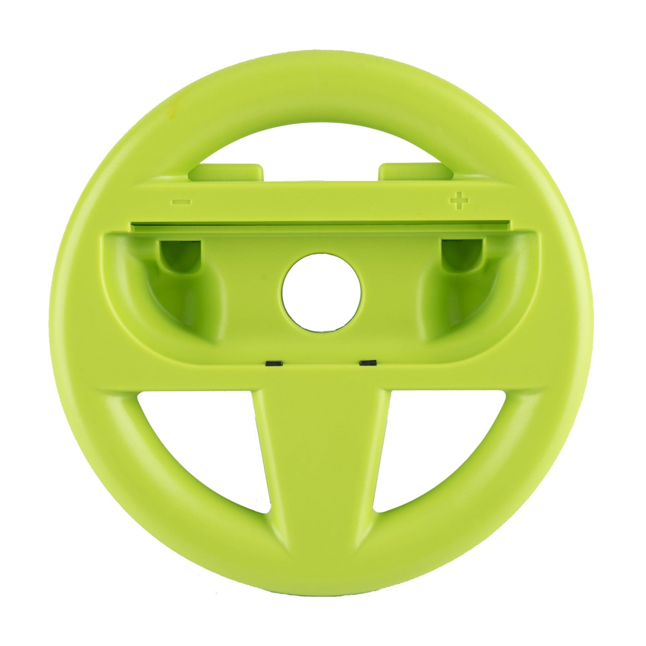 Un volante verde lime per videogiochi con fessure e un foro rotondo.