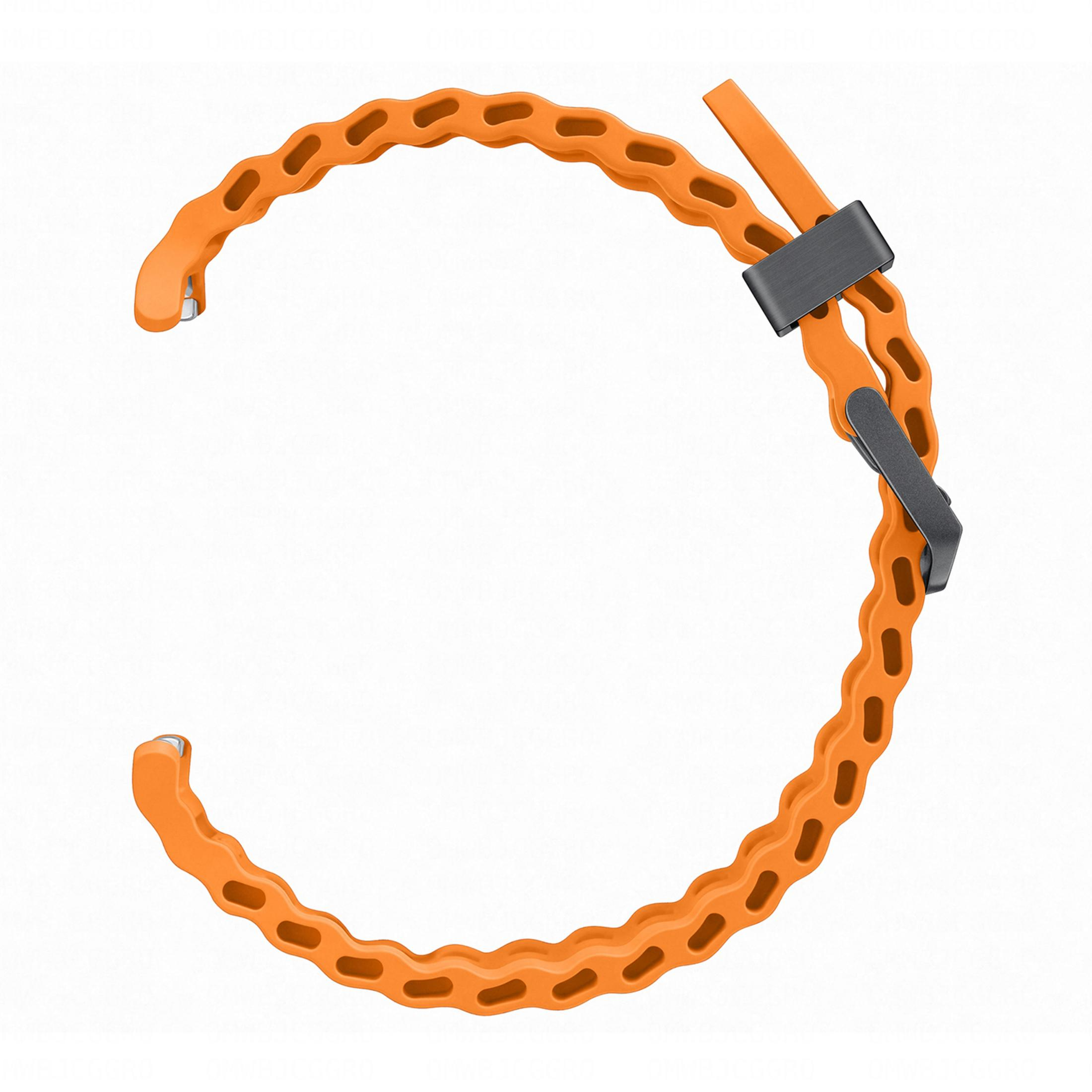 Pomarańczowa bransoleta zegarka z wycięciami i szarym zapięciem.