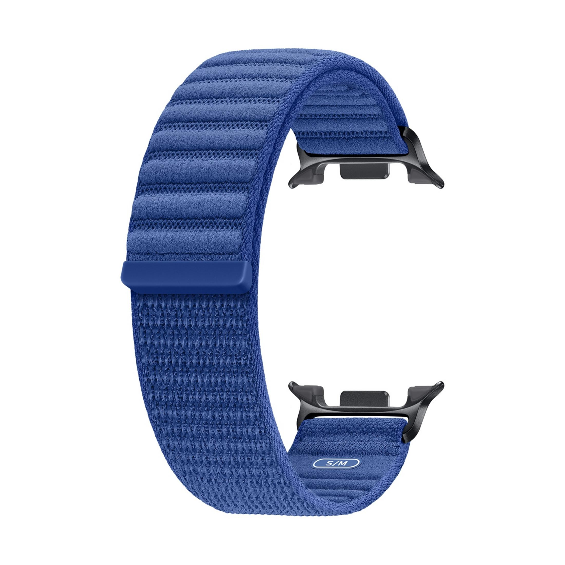 Correa de tela azul con conectores negros, talla S/M marcada.