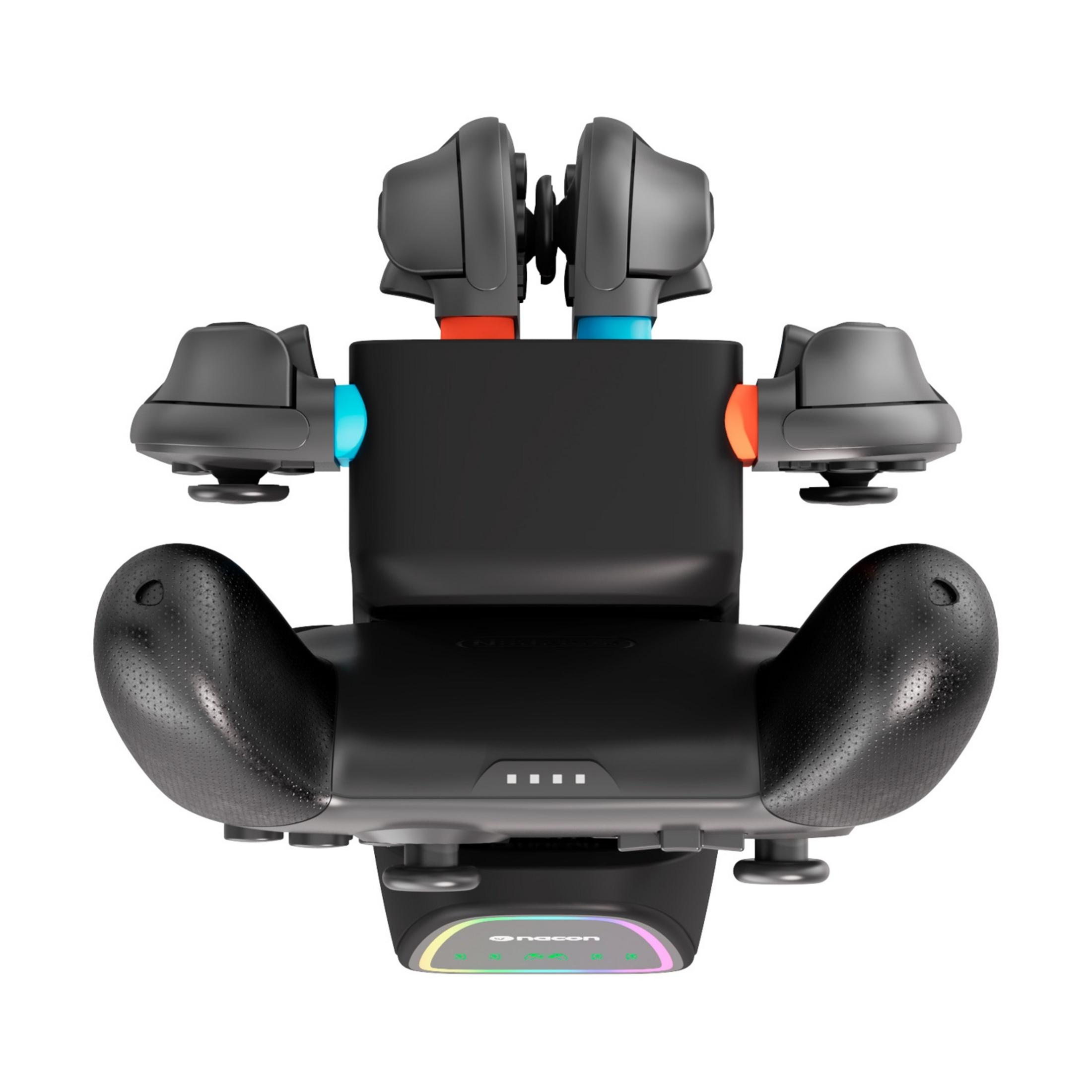 Un controller da gioco nero con joystick, pulsanti e base illuminata.