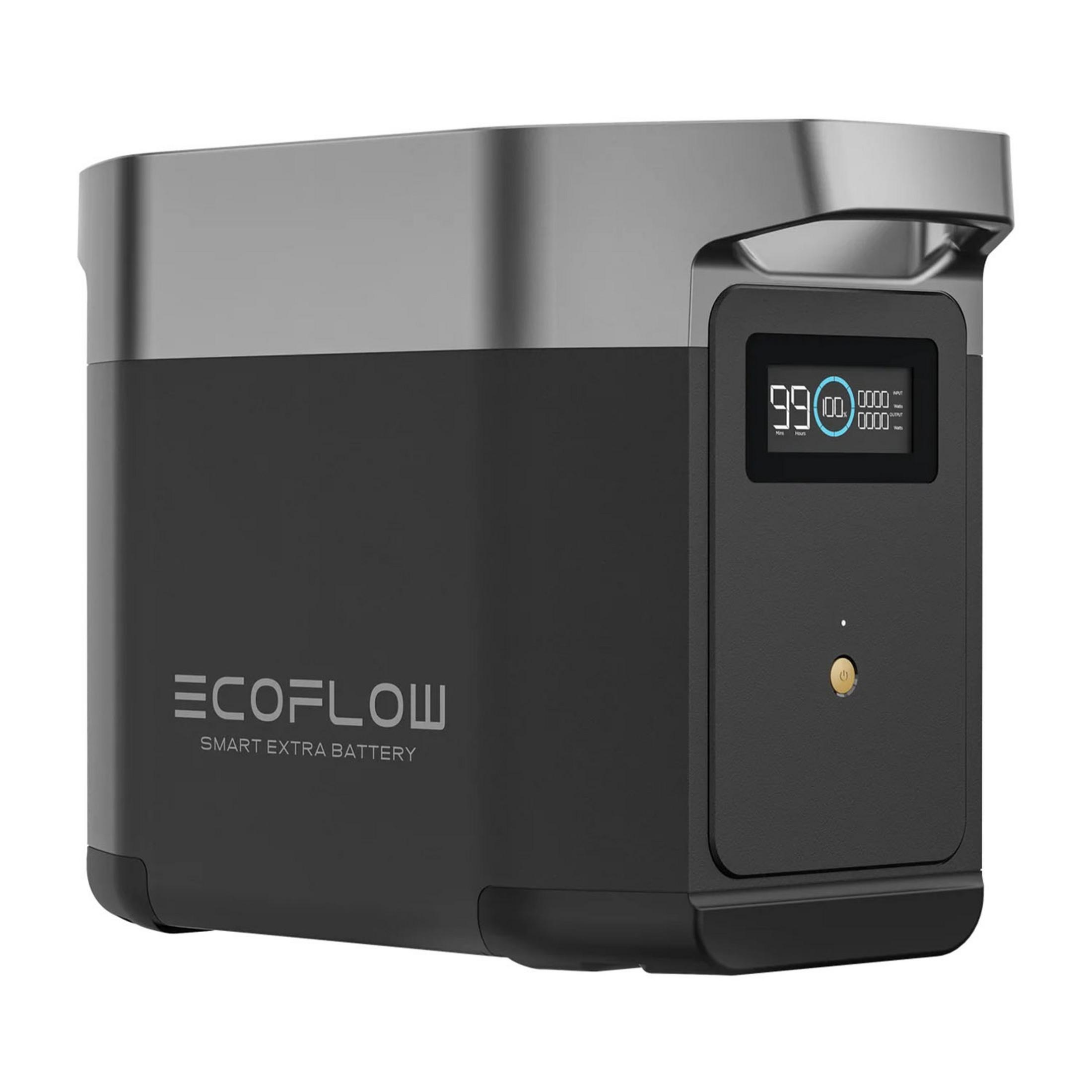 Ein schwarzes EcoFlow Smart Extra Battery-Gerät mit einem Display.