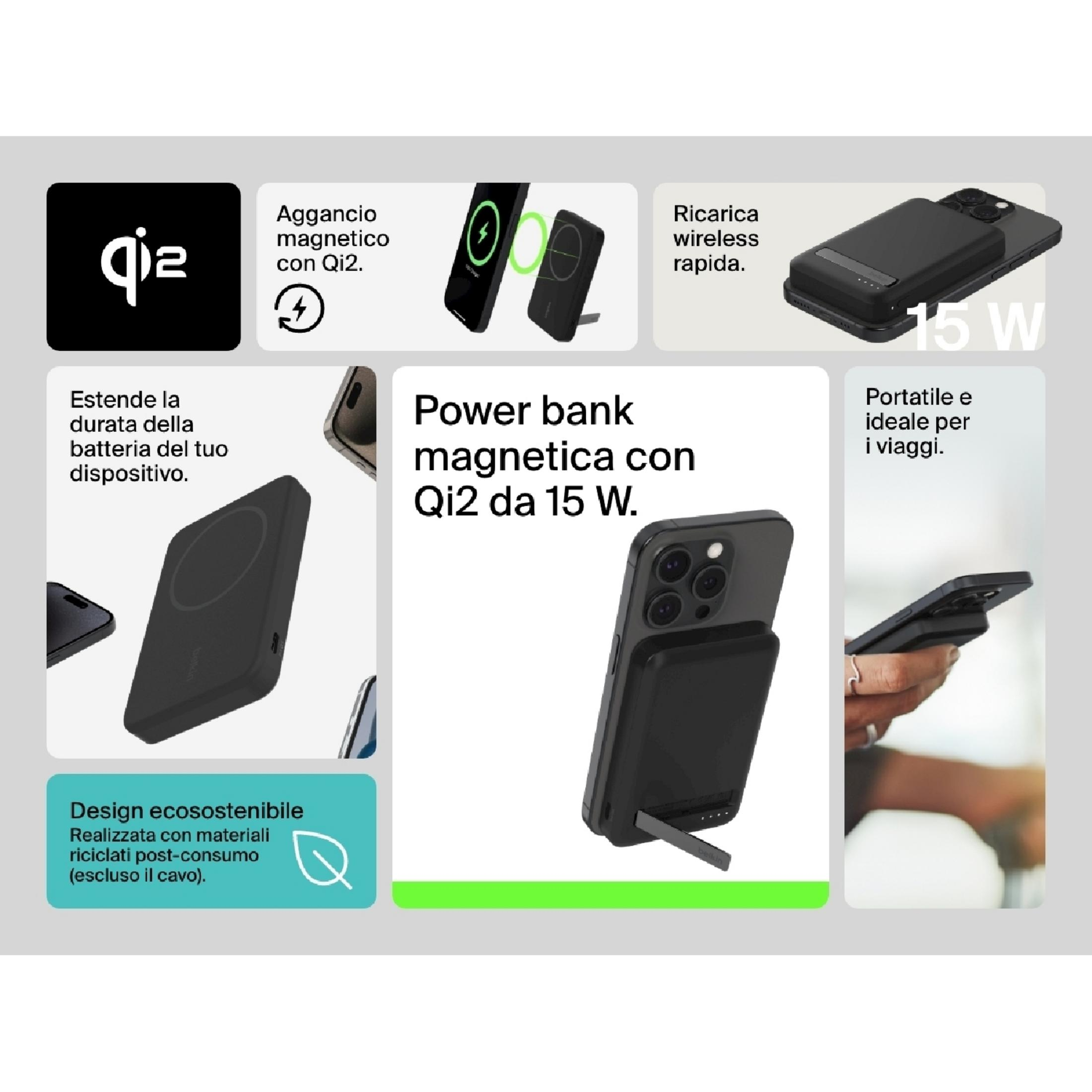 Batterie externe magnétique Qi2 noire 15W, idéale pour les voyages.