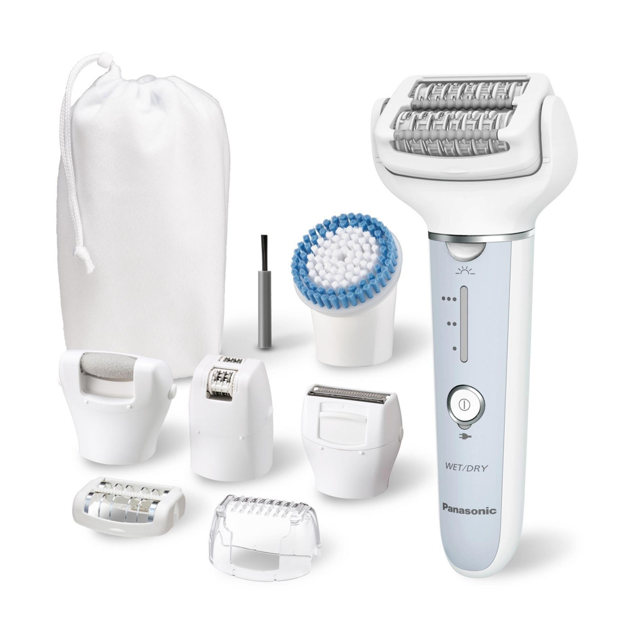 Depilator Panasonic z akcesoriami: szczoteczka, głowice golące i etui.