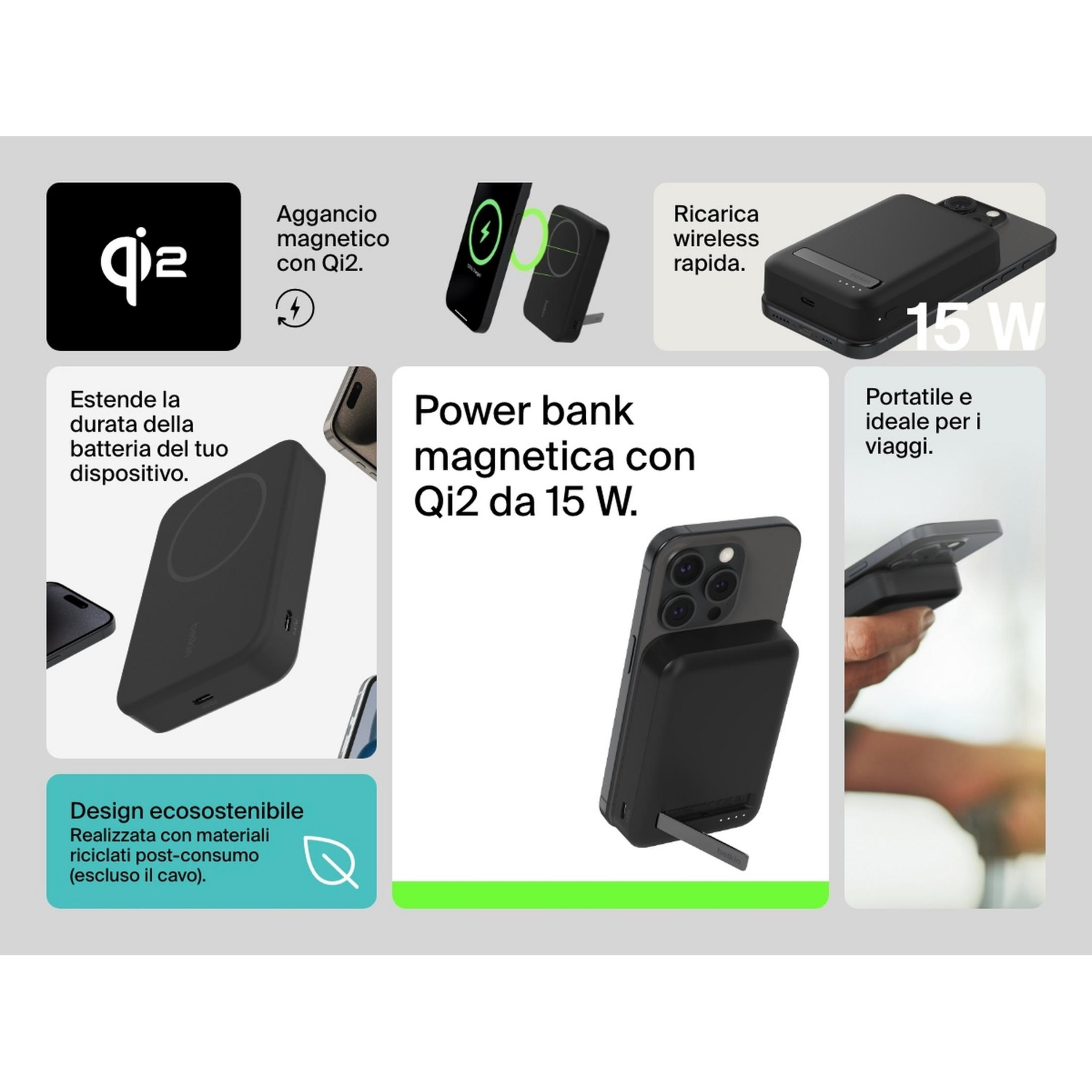 Power bank magnetica Qi2 nera, 15W. Ideale per viaggi, ecologica.