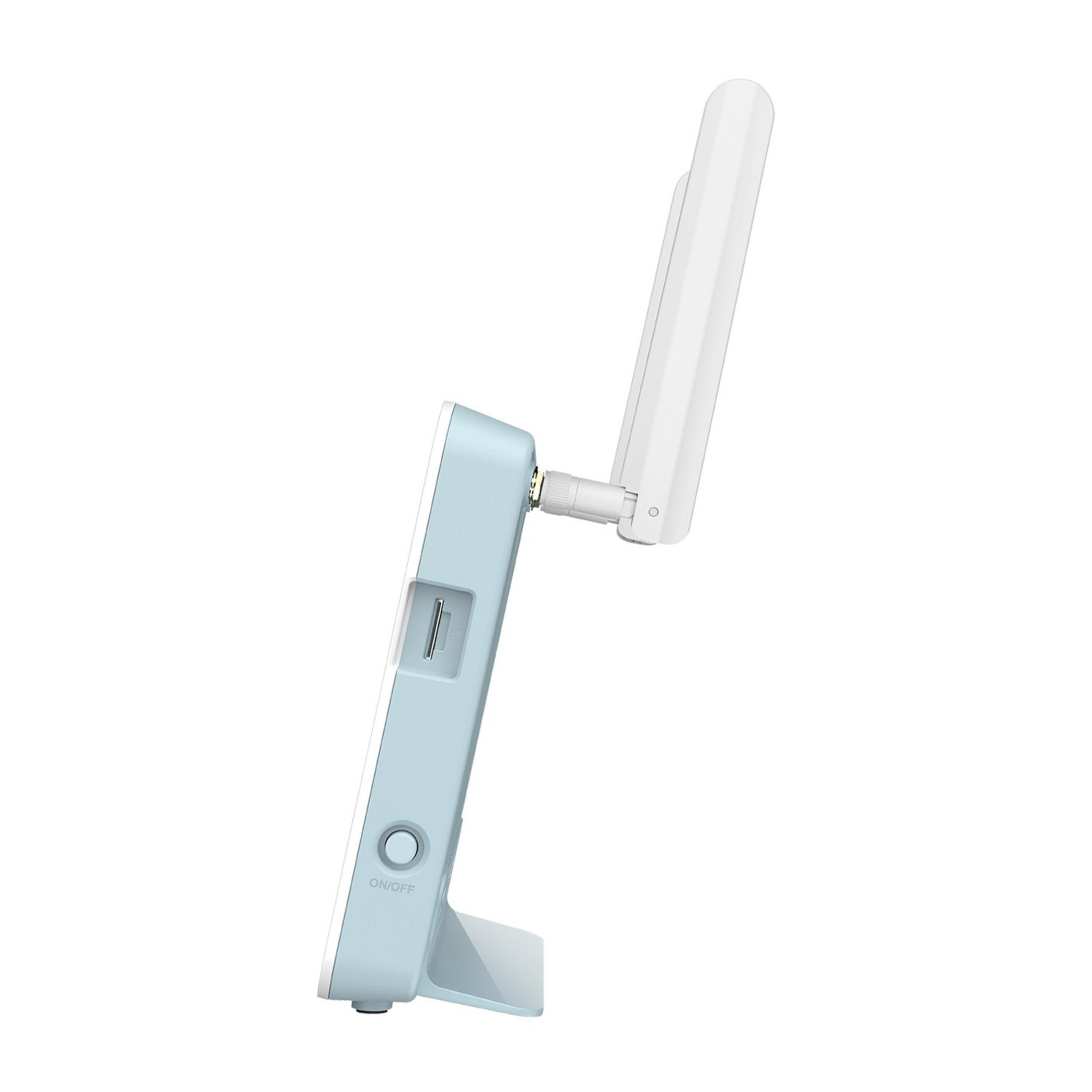 Jasnoniebieskie urządzenie z anteną i przyciskiem WŁ./WYŁ.