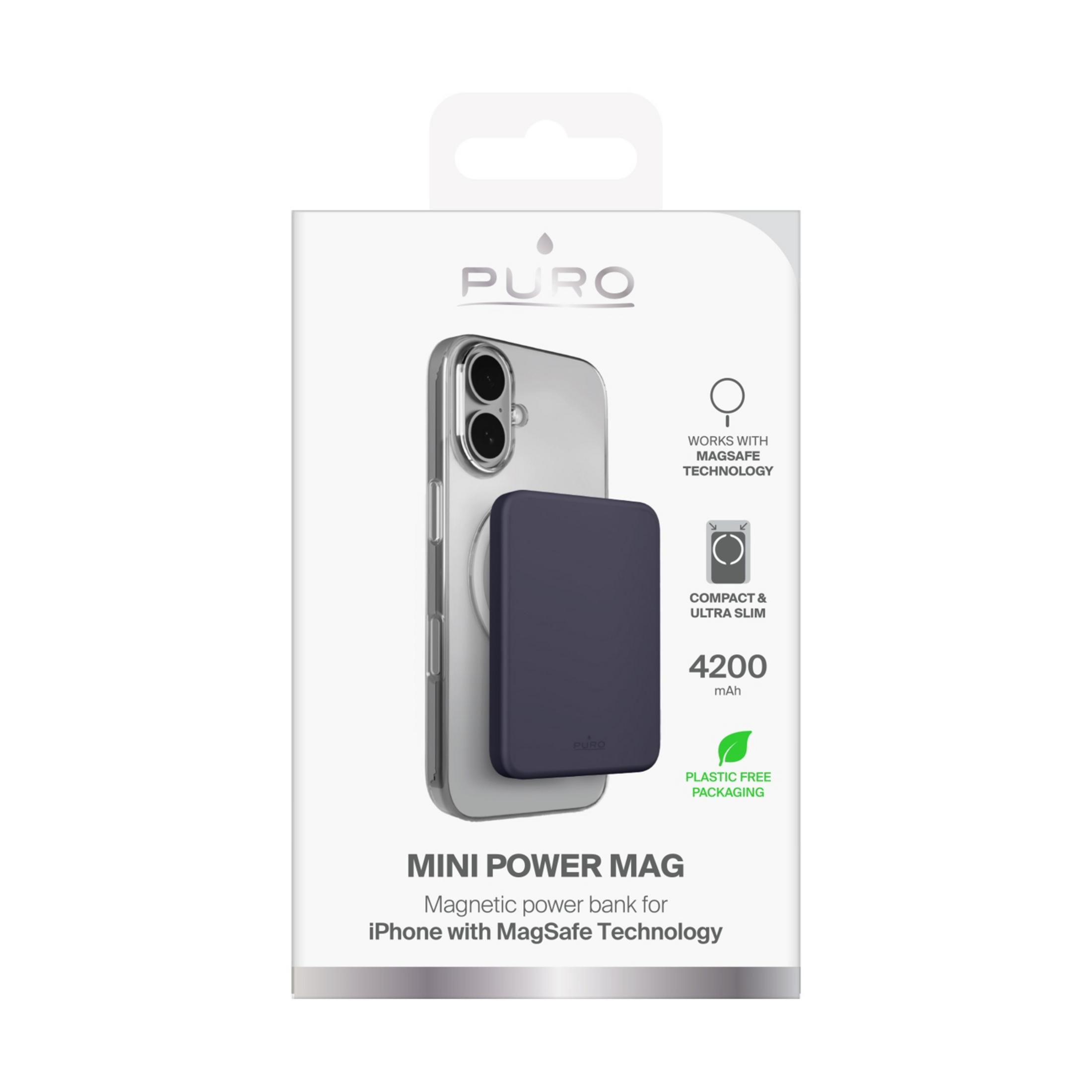 Ein dunkles Powerbank-Zubehör ist auf der Rückseite eines iPhones angebracht.