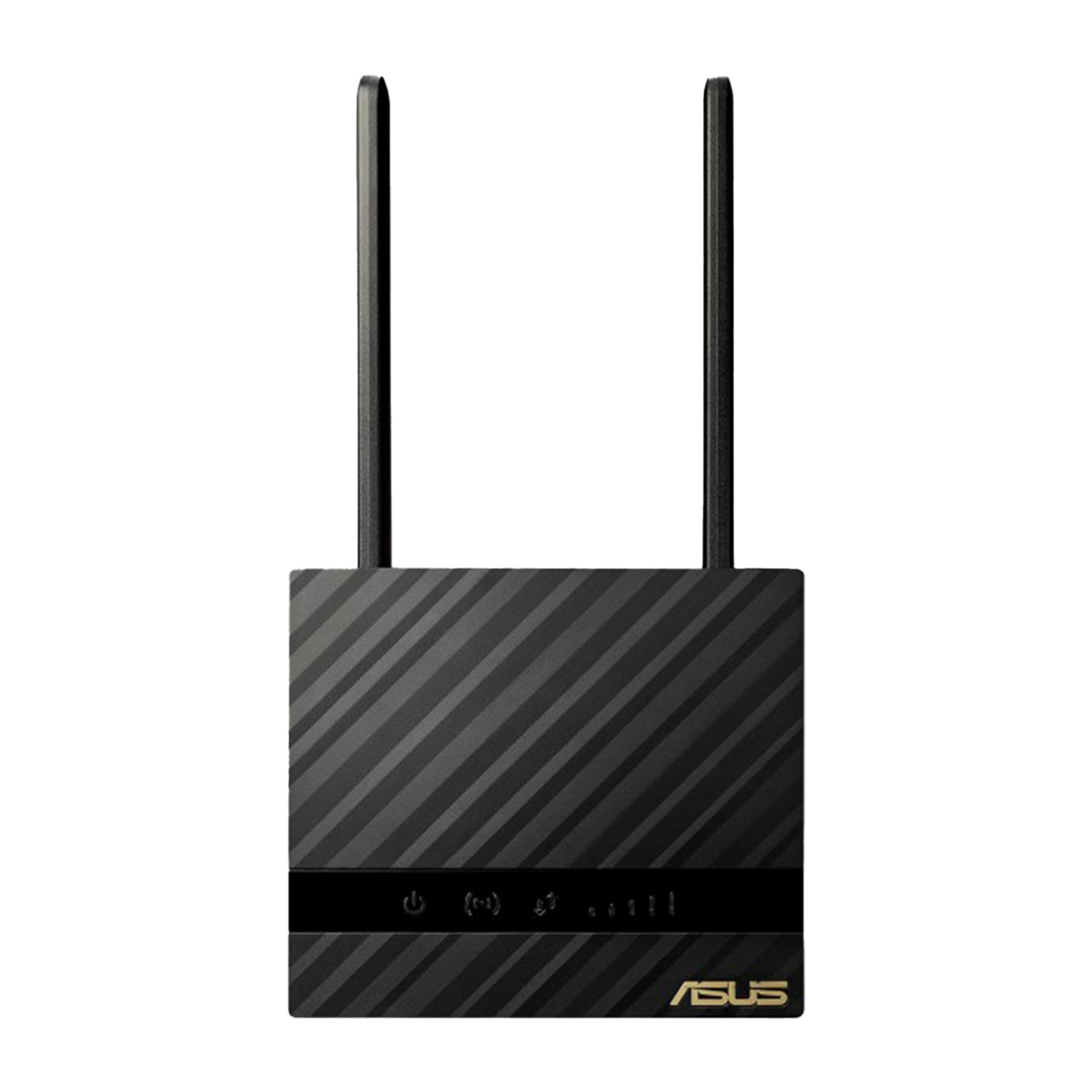 Czarny router ASUS z dwiema antenami i wskaźnikami LED.