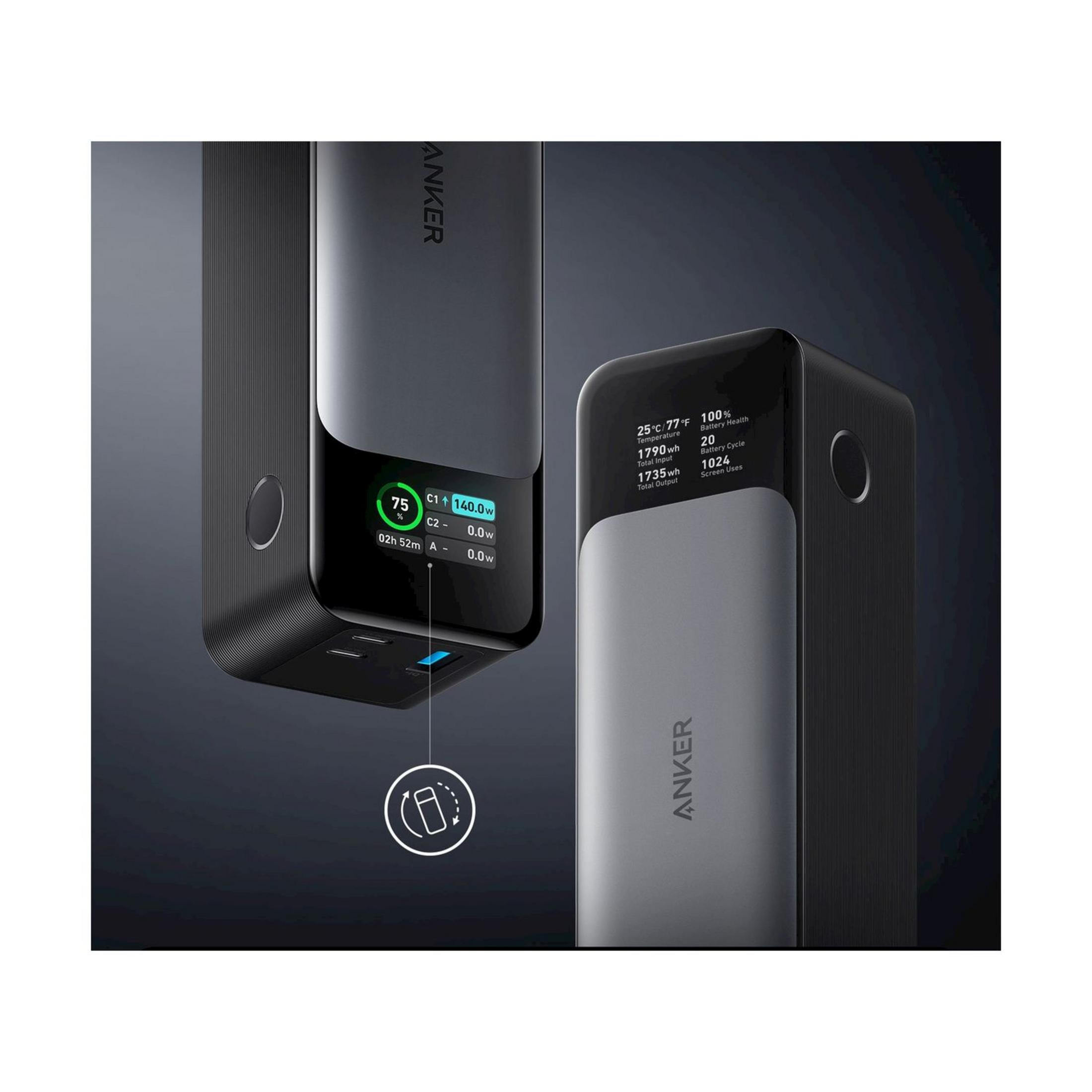 Dwie powerbanki Anker obok siebie z cyfrowymi wyświetlaczami pokazującymi informacje o ładowaniu.