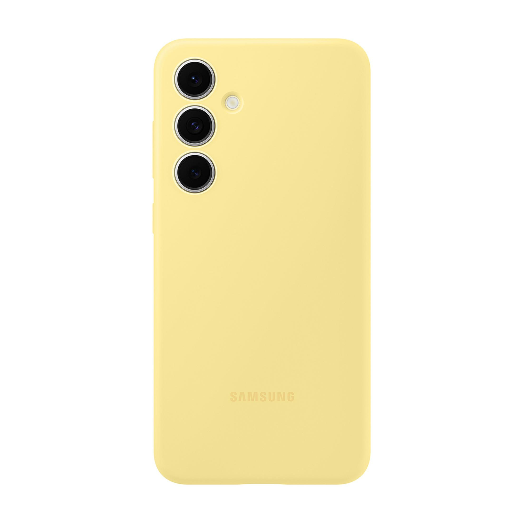 Gele telefoonhoes met drie cameralenzen en Samsung logo.
