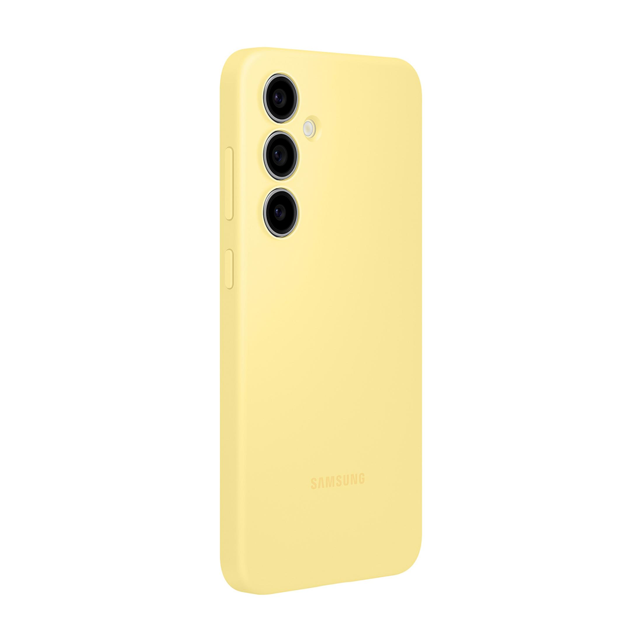 Een gele telefoonhoes met drie camera's en het Samsung-logo.