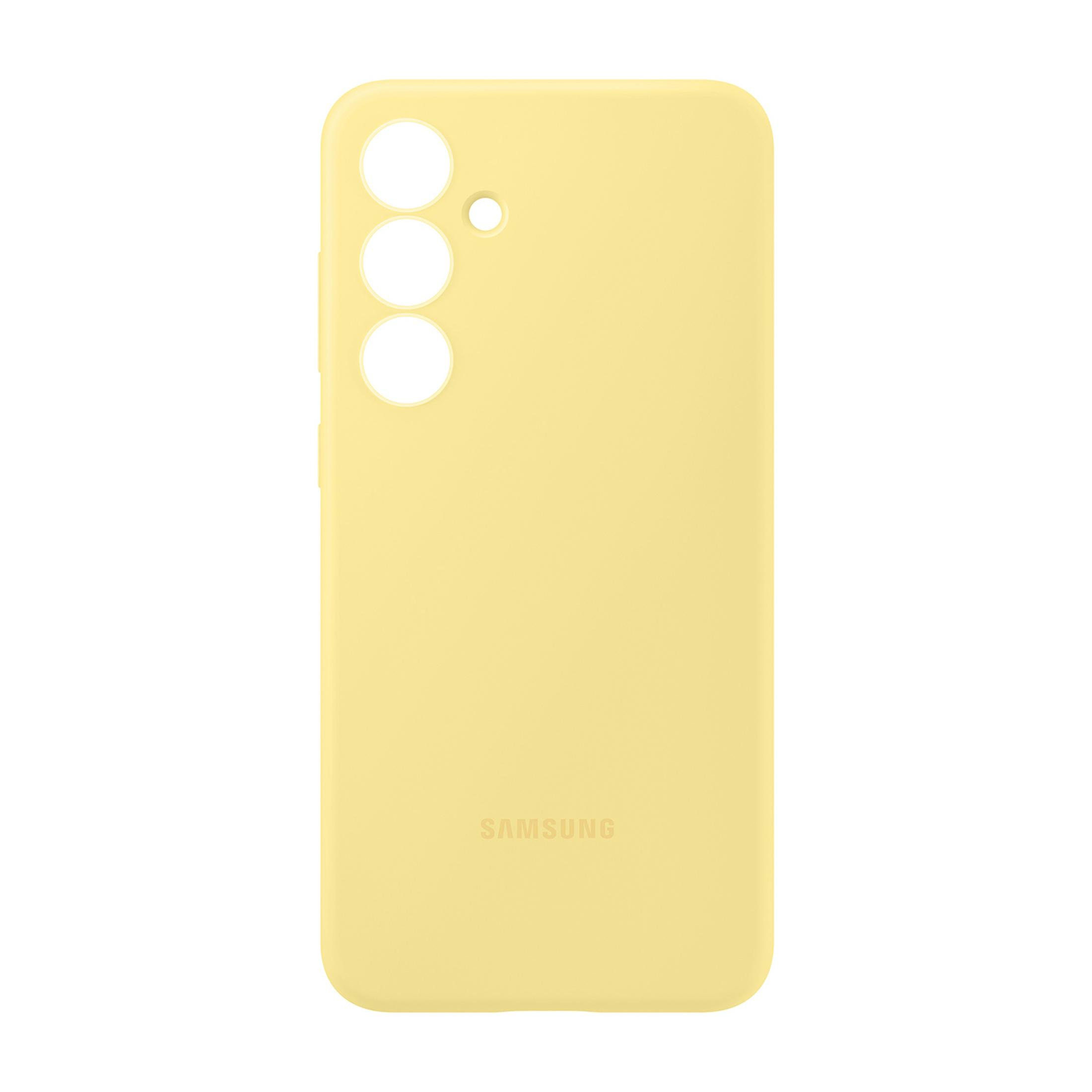 Een gele telefoonhoes met drie ronde uitsparingen en het Samsung-logo.
