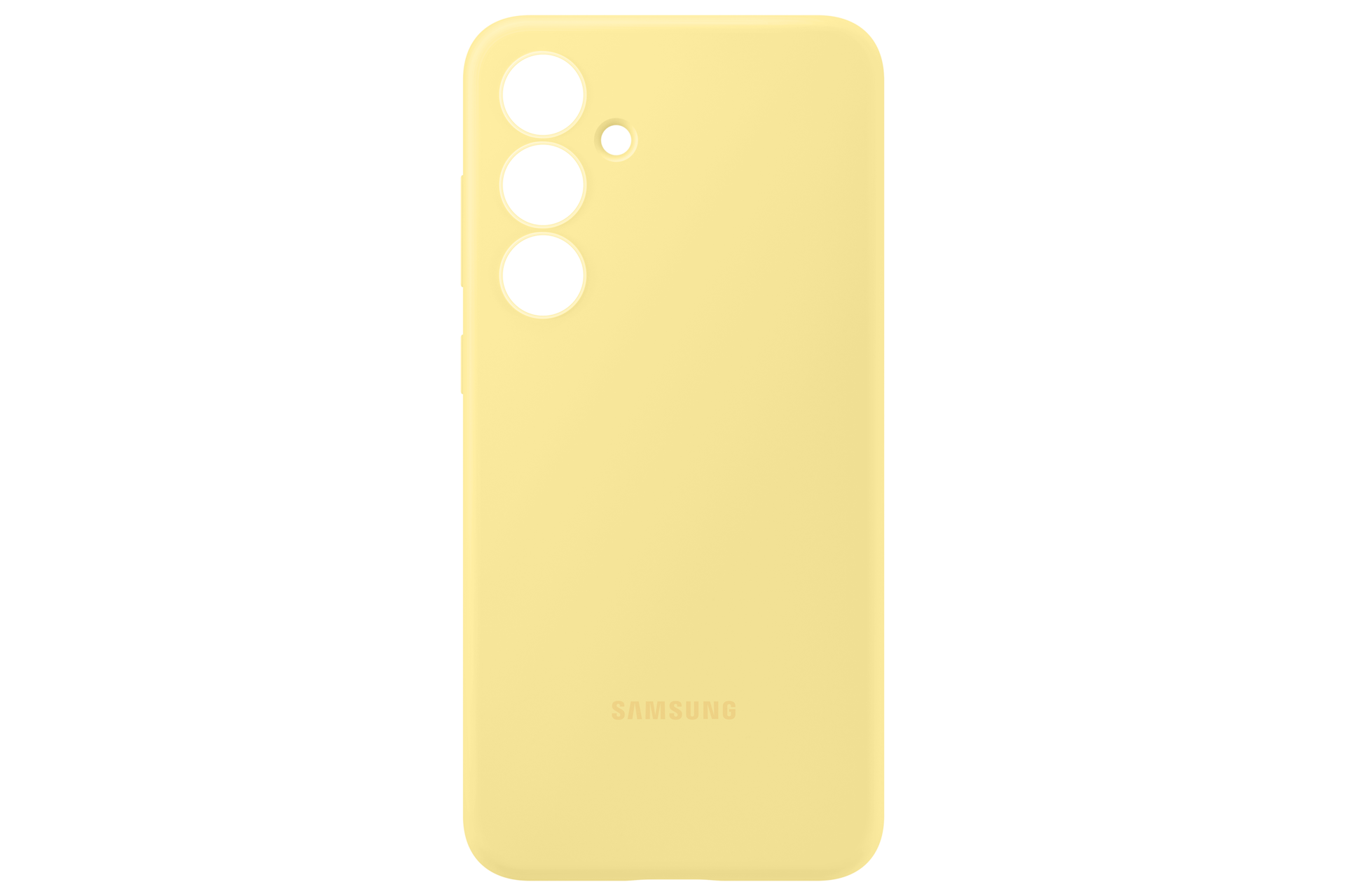 Geel telefoonhoesje met drie camera-uitsparingen en Samsung-logo.