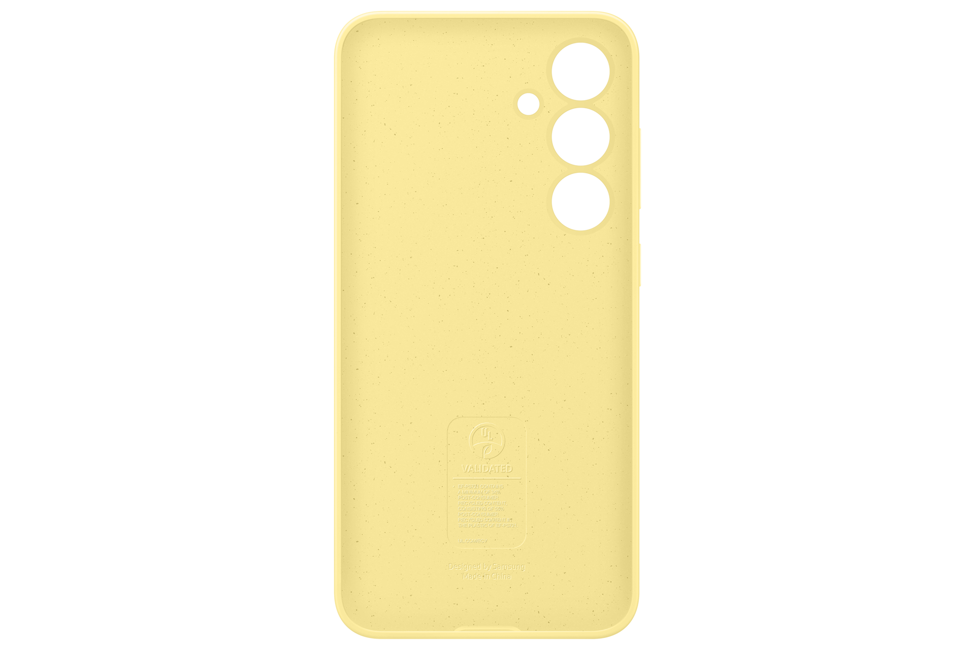 Een gele telefoonhoes met drie cameralegaten en een zegel.