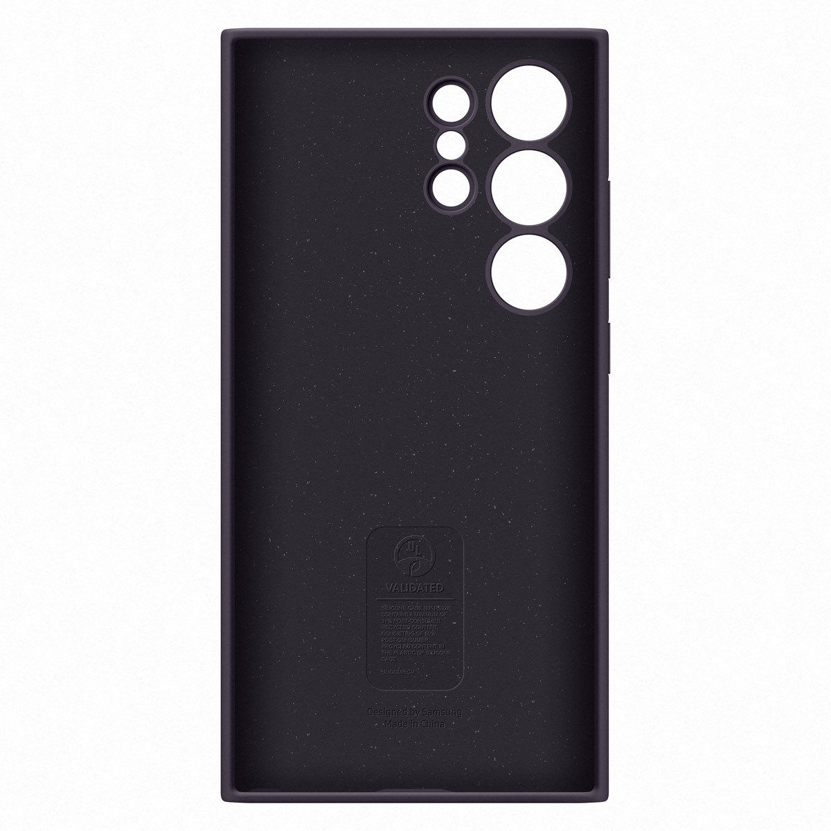 Donkerpaarse telefoonhoes met uitsparingen voor cameralens en knoppen.