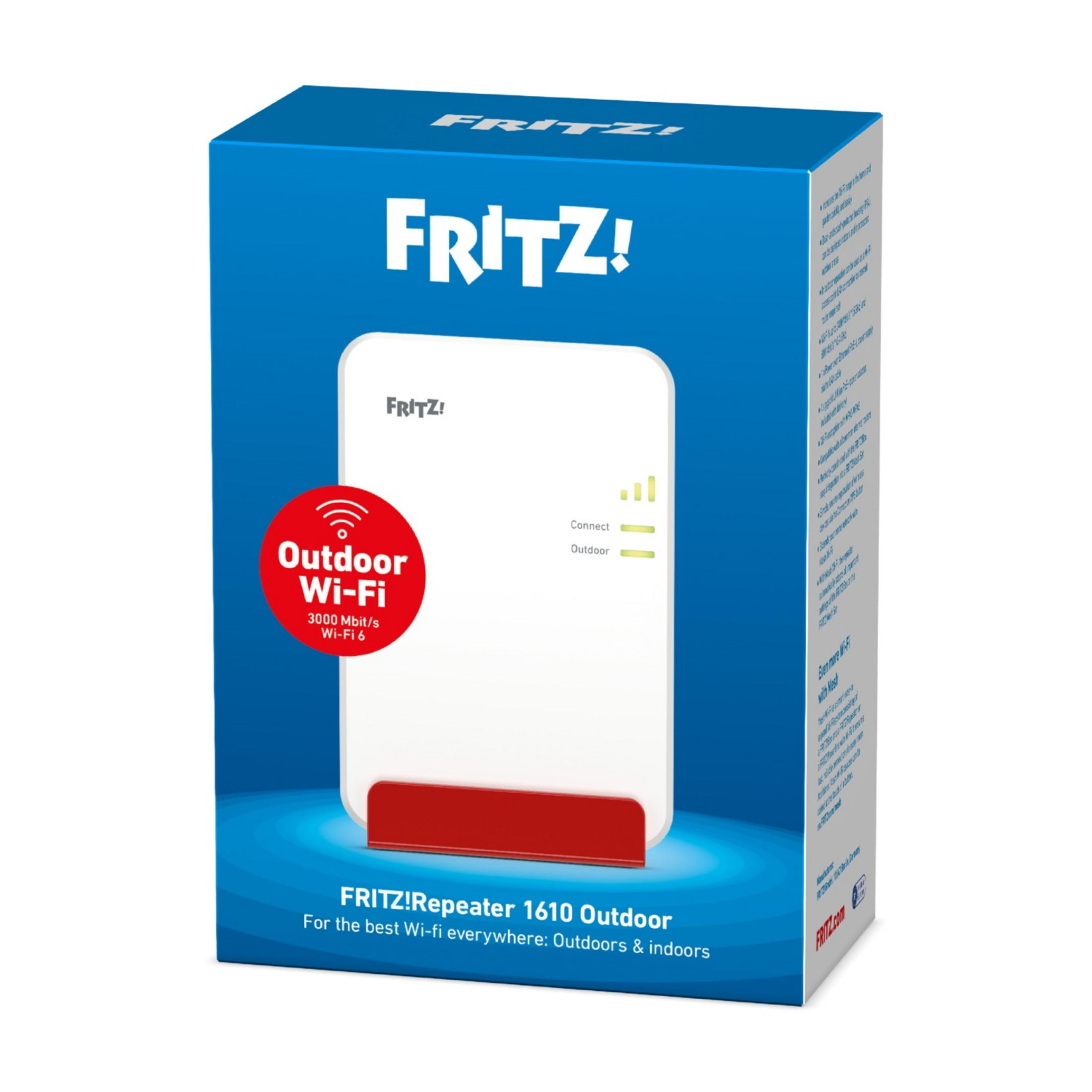 FRITZ!Box Repeater 1610 Outdoor, weiß und blau, mit roten Akzenten.