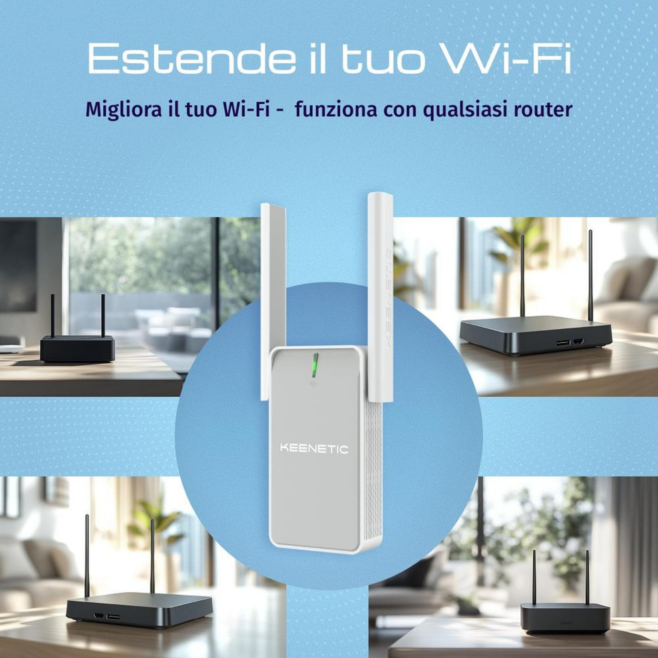 Ein KEENETIC Wi-Fi-Extender mit Antennen steht im Mittelpunkt. Mehrere Router sind um ihn herum abgebildet.