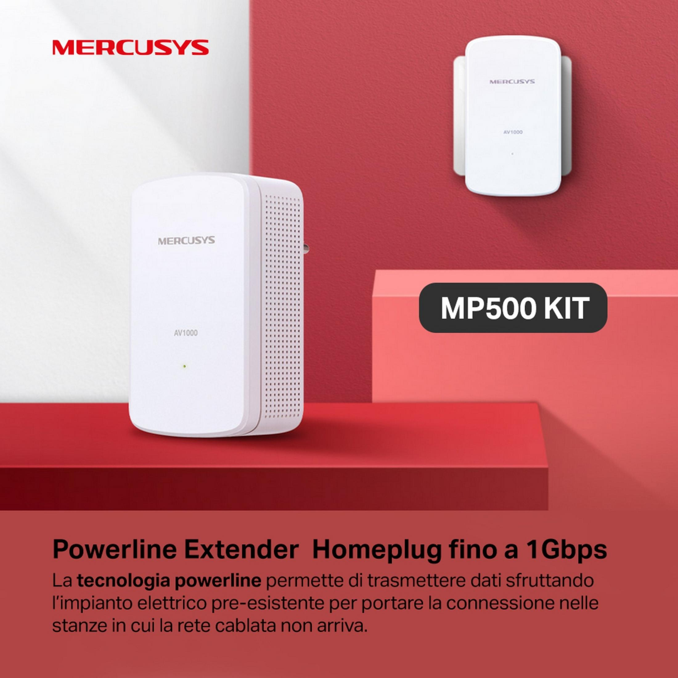 Dwa białe adaptery Mercusys powerline na czerwonych podstawkach, MP500 KIT.