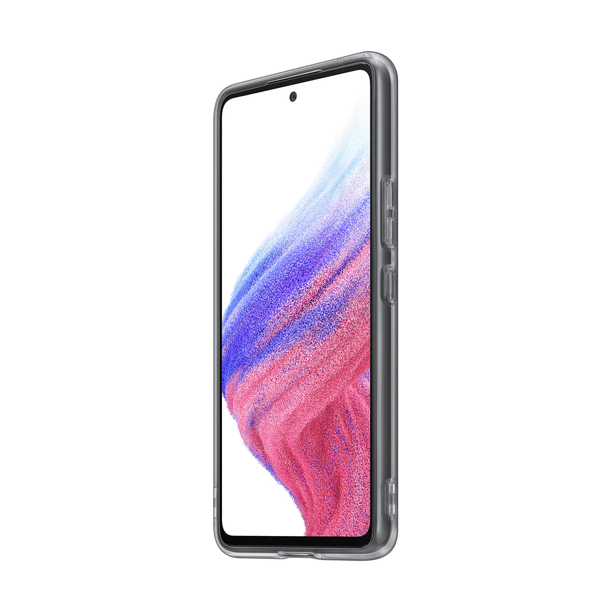Una custodia trasparente per telefono mostra uno smartphone con uno sfondo colorato.