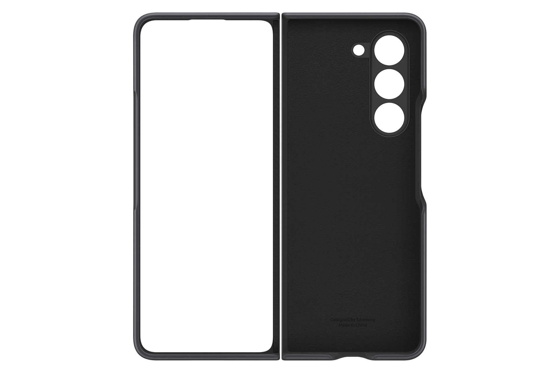 Zwarte telefoonhoes met drie cameralenzen en Samsung logo.