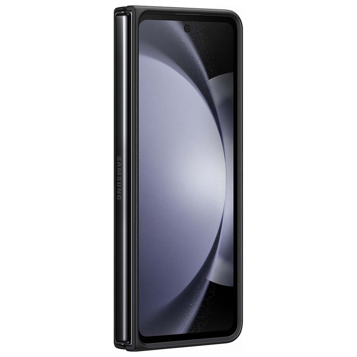 Gesloten Samsung telefoon met zilveren frame en zwart scherm.