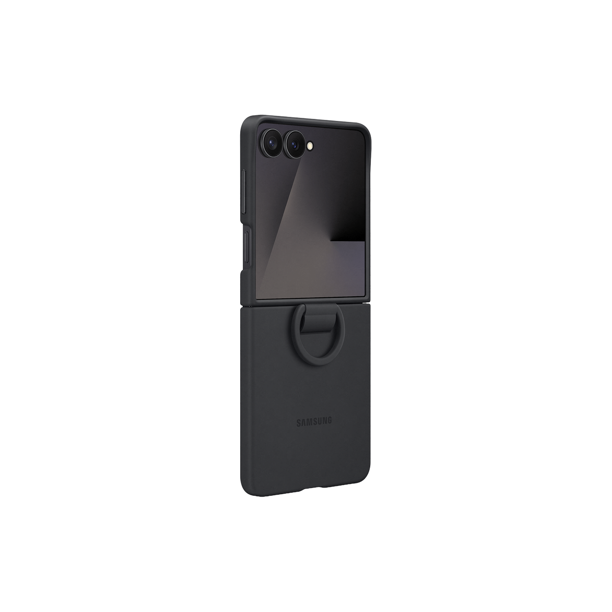 Un telefono Samsung pieghevole nero con custodia e anello, su sfondo nero.