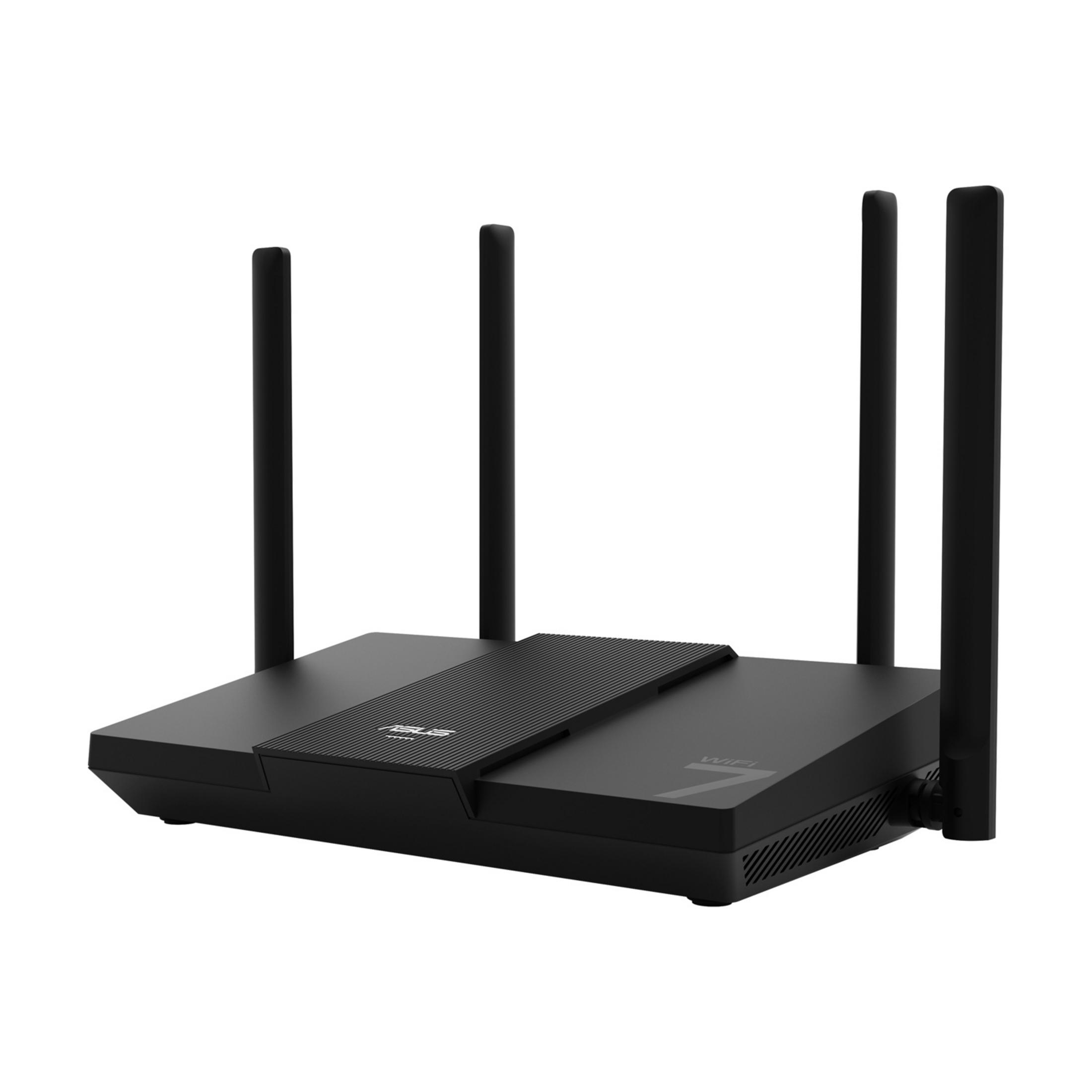 Czarny router z czterema antenami na białym tle.