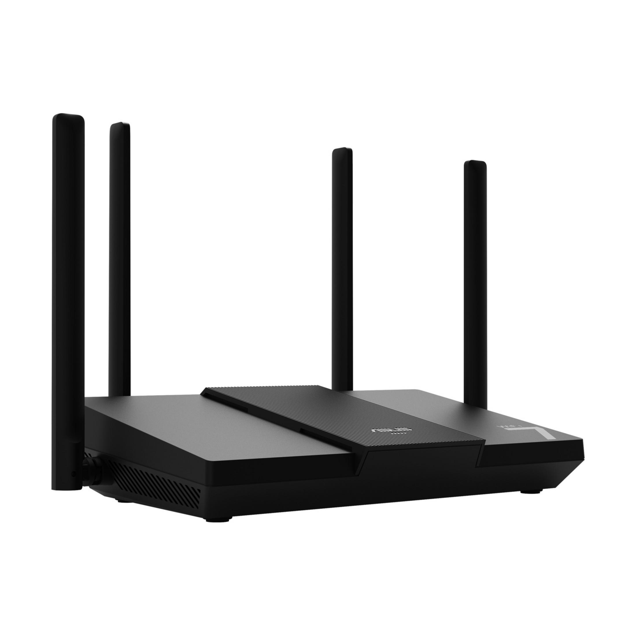 Czarny router z czterema antenami na białym tle.