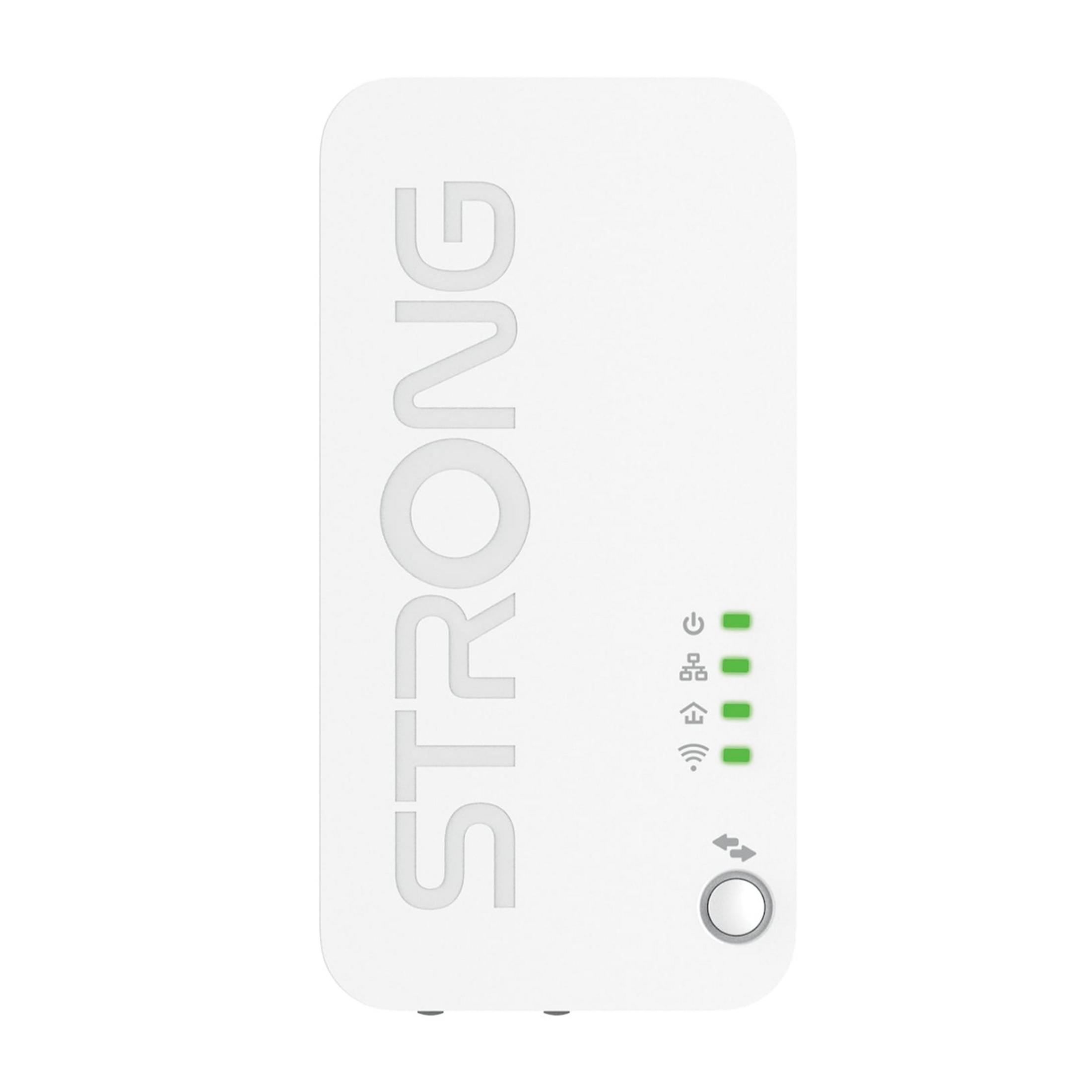 Białe urządzenie z napisem STRONG i zielonymi lampkami.