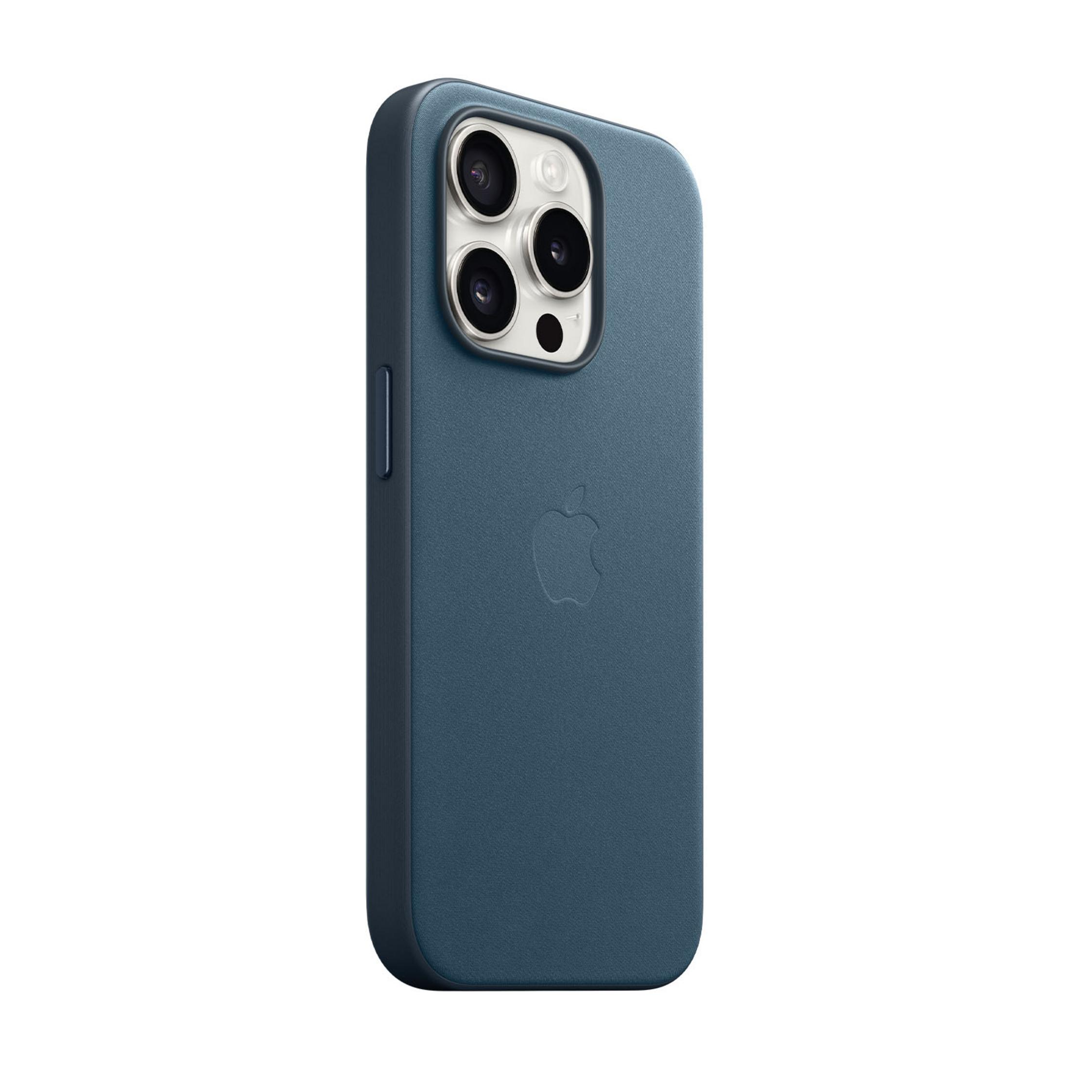 Blaue Hülle für ein iPhone mit drei Kameras und Apple-Logo.